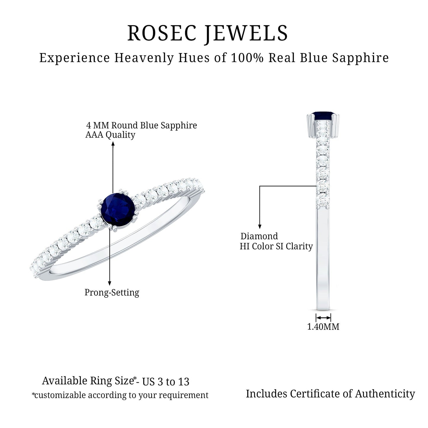 Round Blue Sapphire Dainty Promise Ring with Diamond