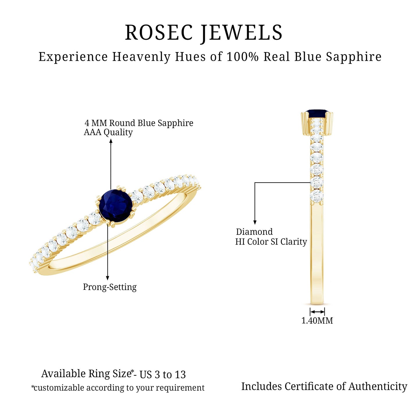Round Blue Sapphire Dainty Promise Ring with Diamond
