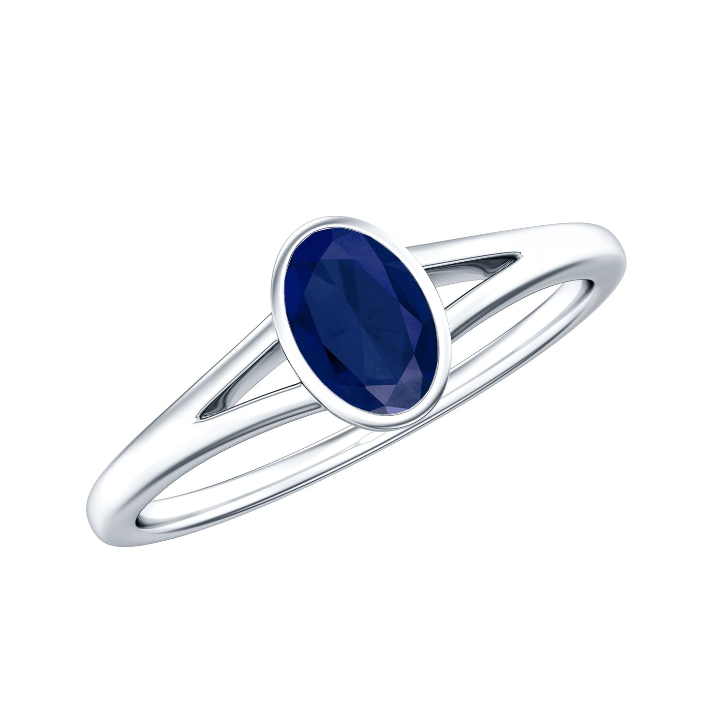Oval Blue Sapphire Solitaire Engagement Ring in Split Shank