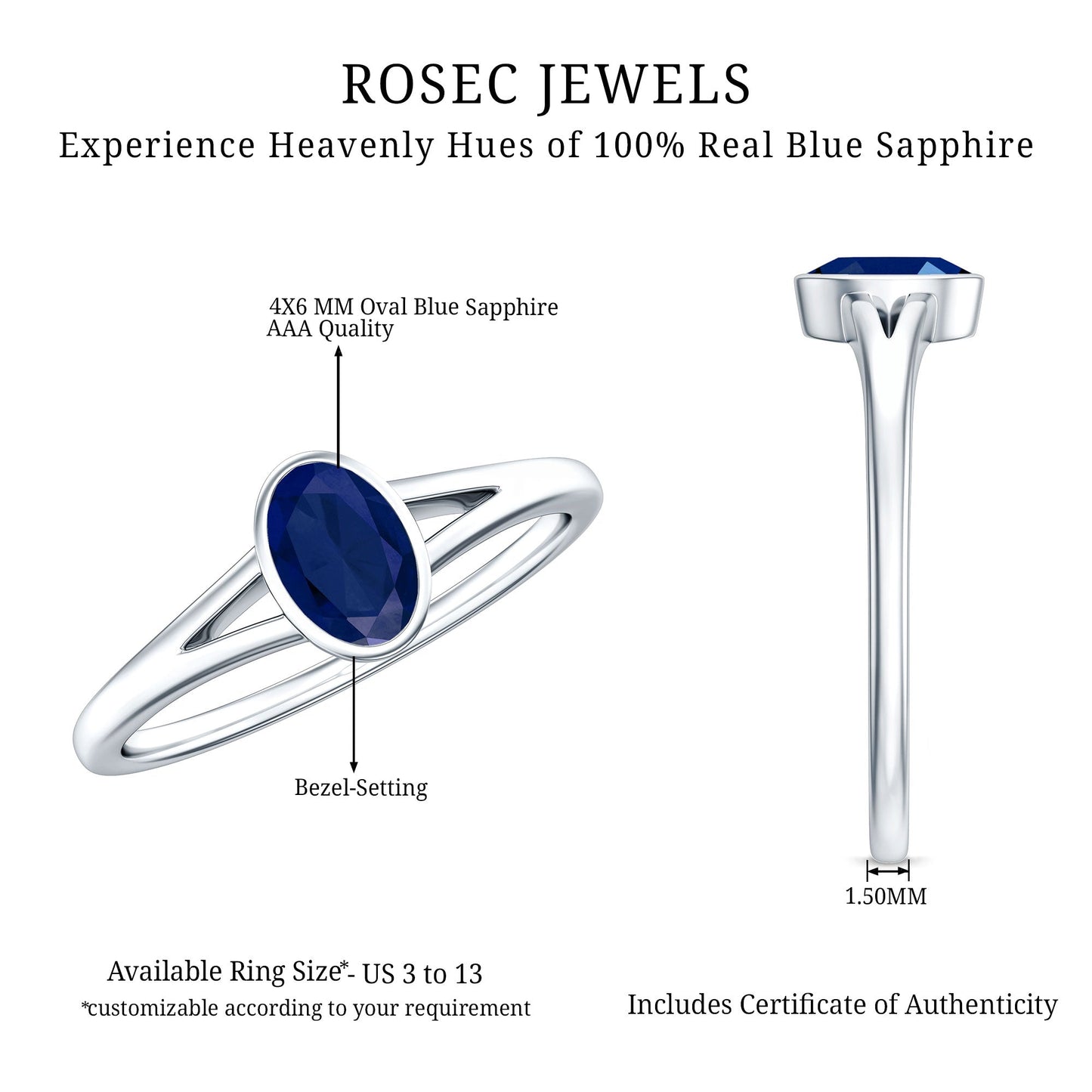 Oval Blue Sapphire Solitaire Engagement Ring in Split Shank