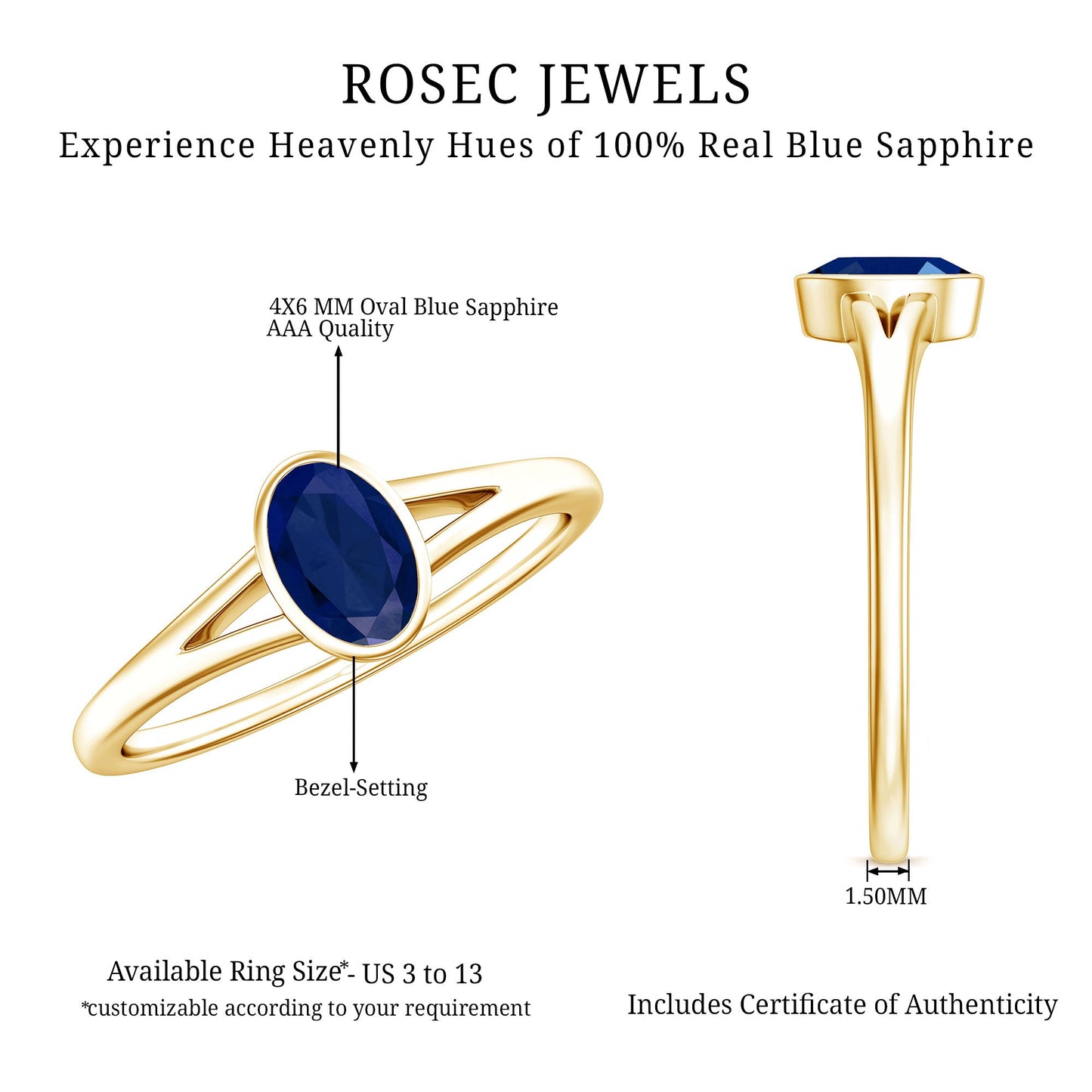 Oval Blue Sapphire Solitaire Engagement Ring in Split Shank