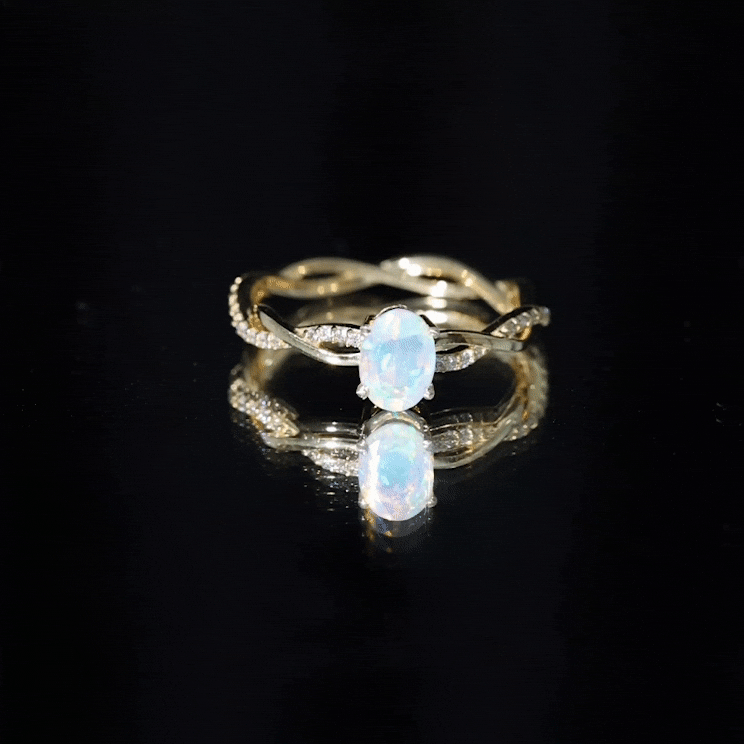 Natural 6X8mm Opalescent Oval Engagement Ring with Diamond Braided Shank