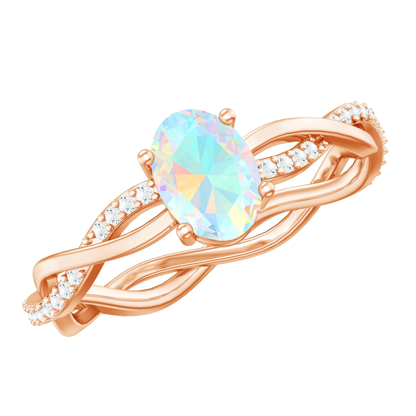 Natural 6X8mm Opalescent Oval Engagement Ring with Diamond Braided Shank