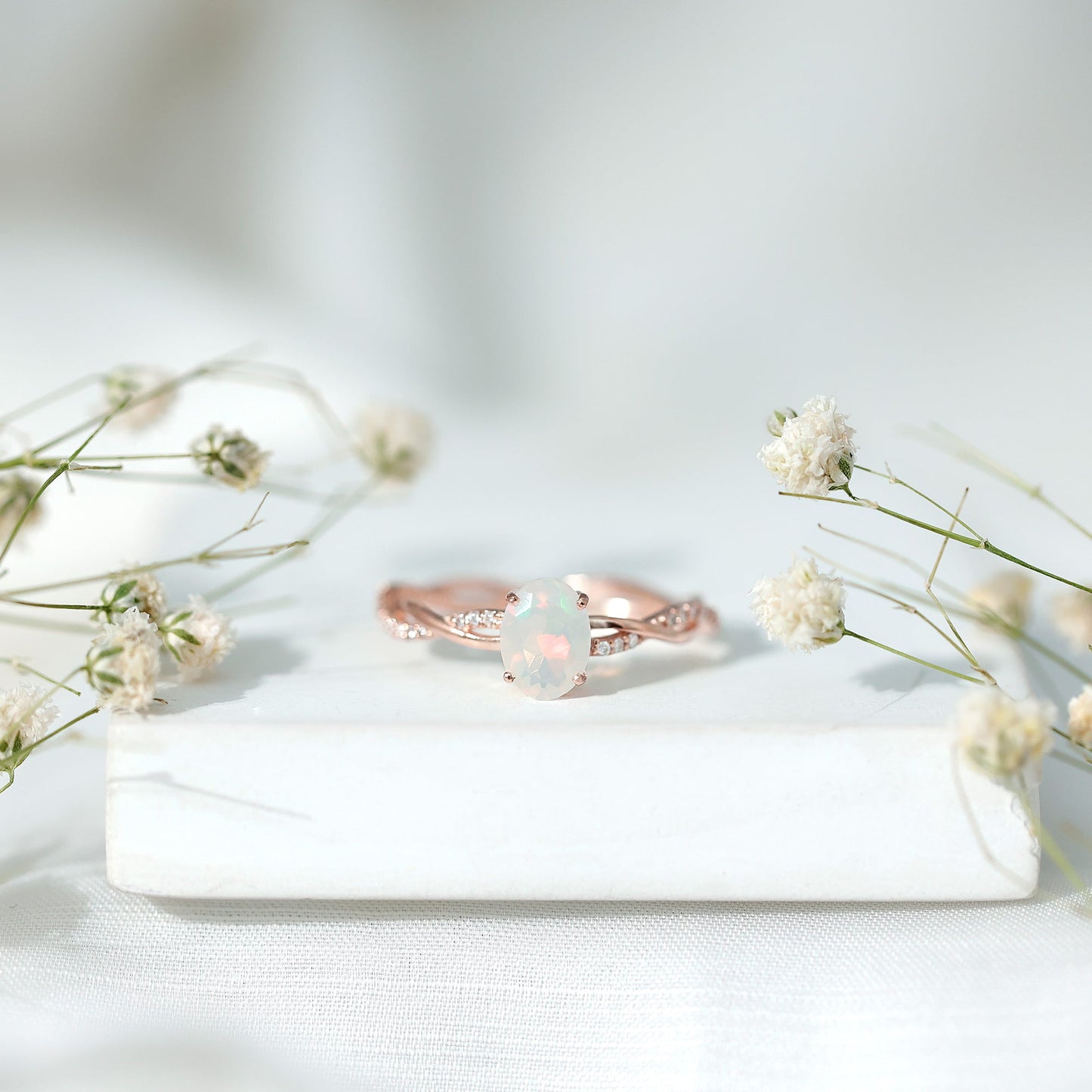 Natural 6X8mm Opalescent Oval Engagement Ring with Diamond Braided Shank