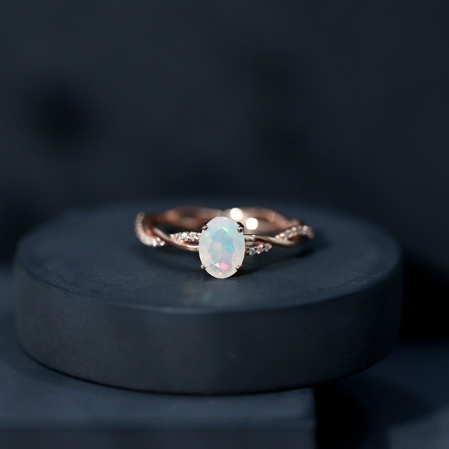 Natural 6X8mm Opalescent Oval Engagement Ring with Diamond Braided Shank