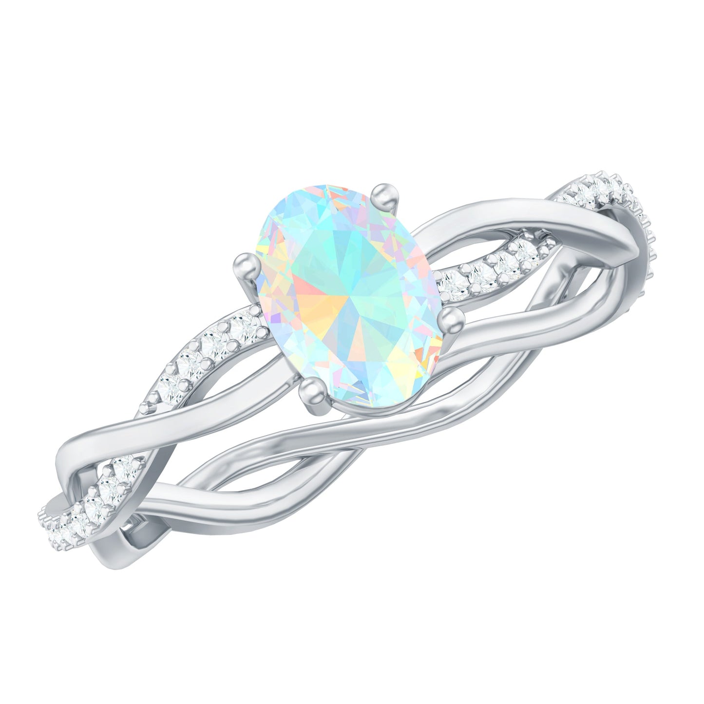 Natural 6X8mm Opalescent Oval Engagement Ring with Diamond Braided Shank