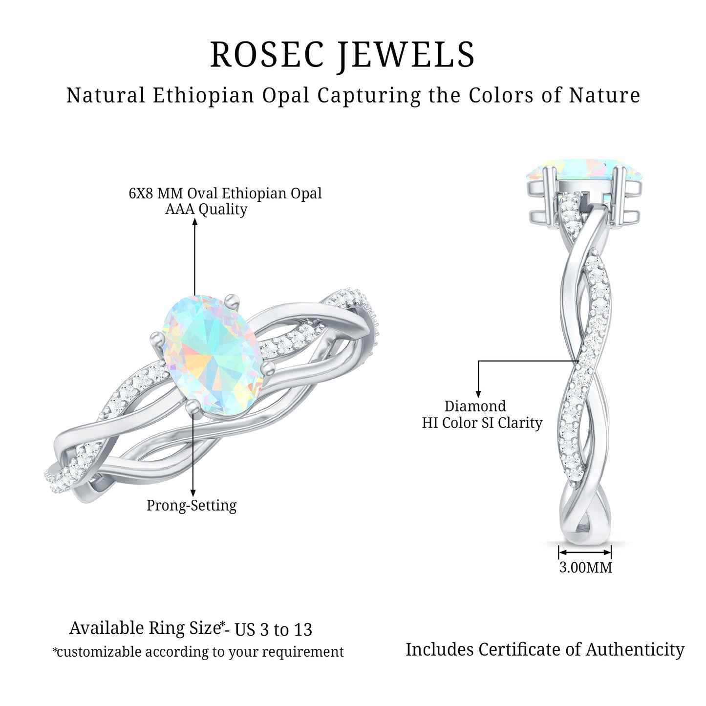 Natural 6X8mm Opalescent Oval Engagement Ring with Diamond Braided Shank
