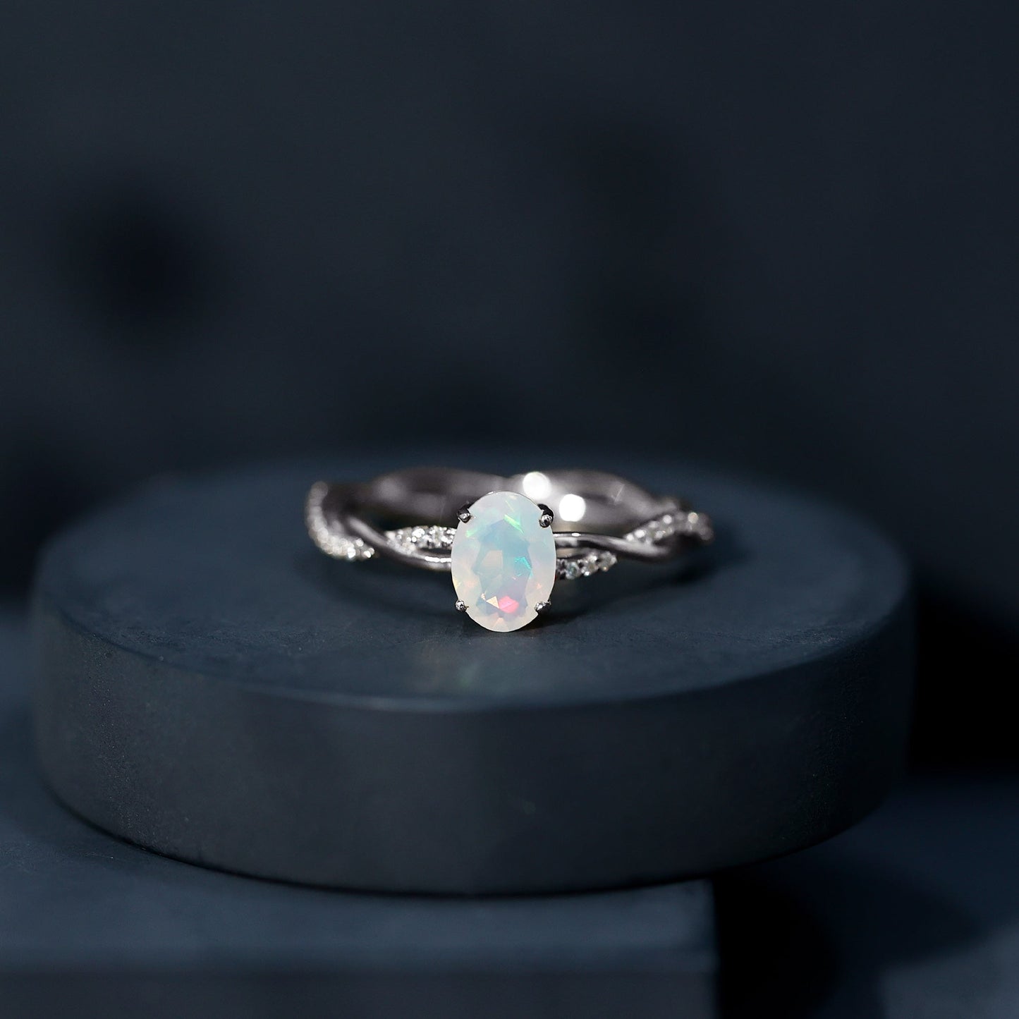 Natural 6X8mm Opalescent Oval Engagement Ring with Diamond Braided Shank