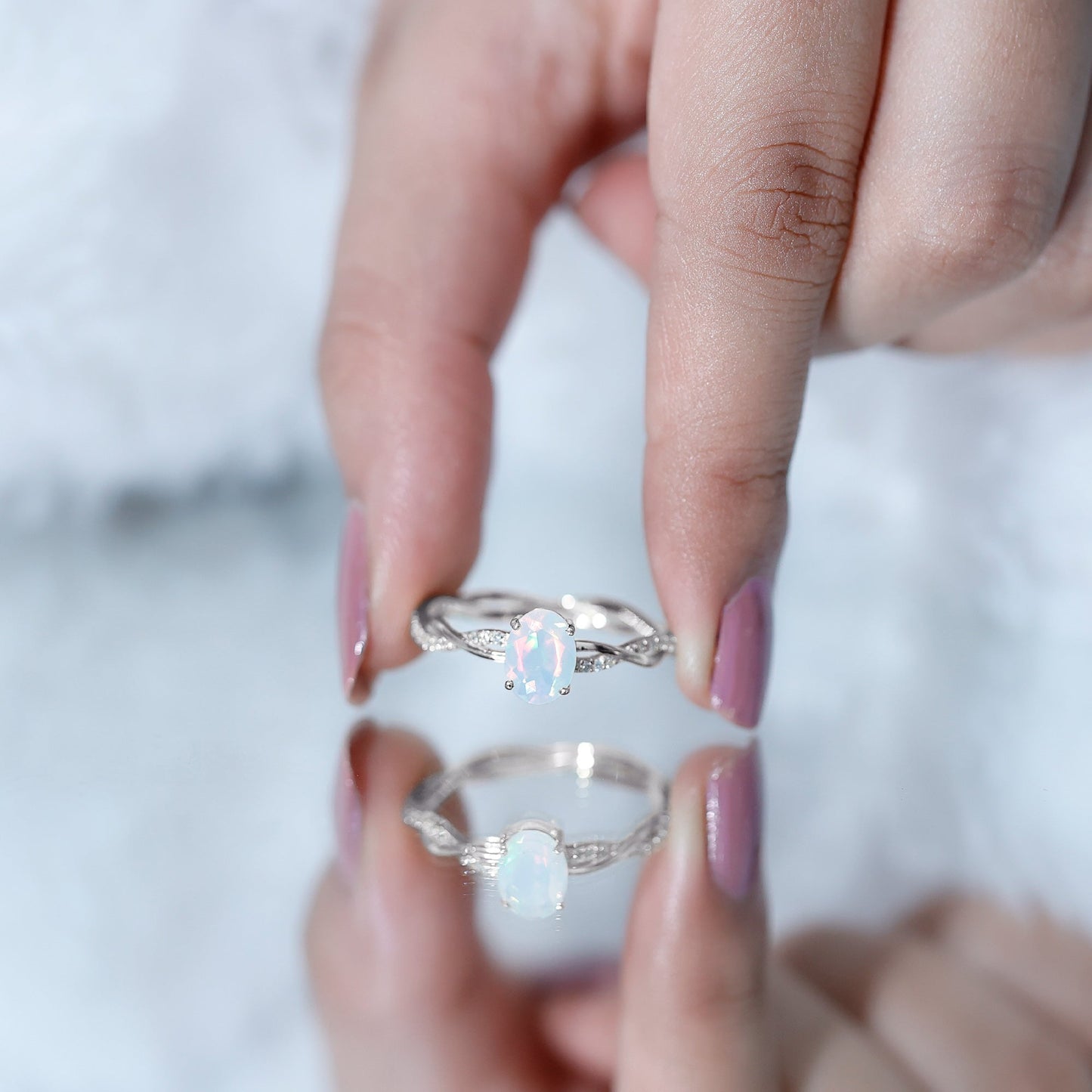 Natural 6X8mm Opalescent Oval Engagement Ring with Diamond Braided Shank