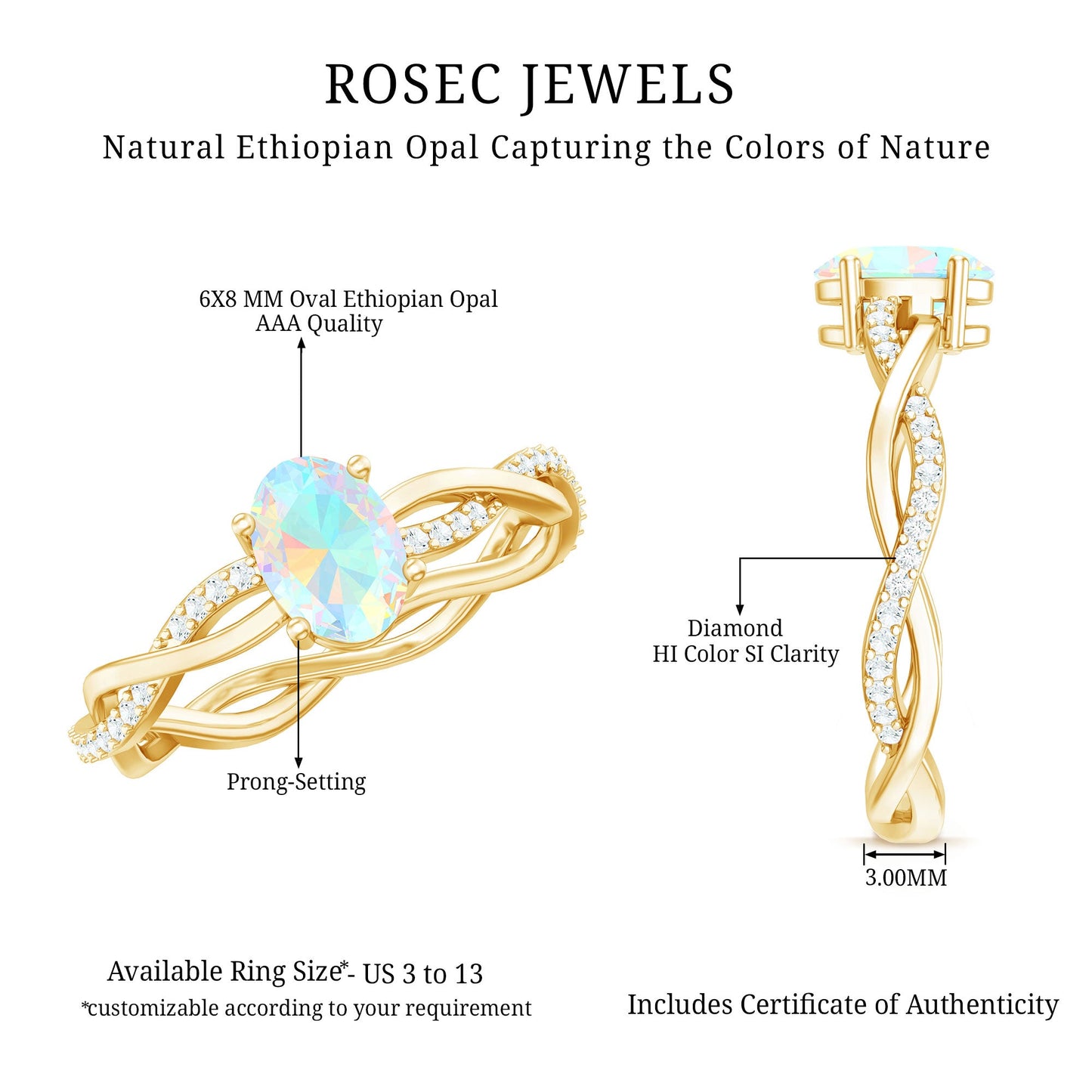 Natural 6X8mm Opalescent Oval Engagement Ring with Diamond Braided Shank