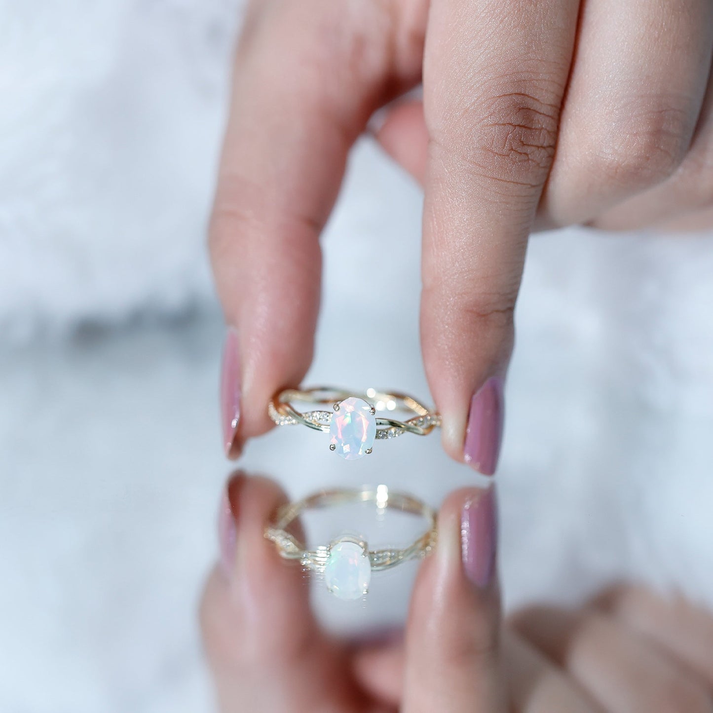 Natural 6X8mm Opalescent Oval Engagement Ring with Diamond Braided Shank