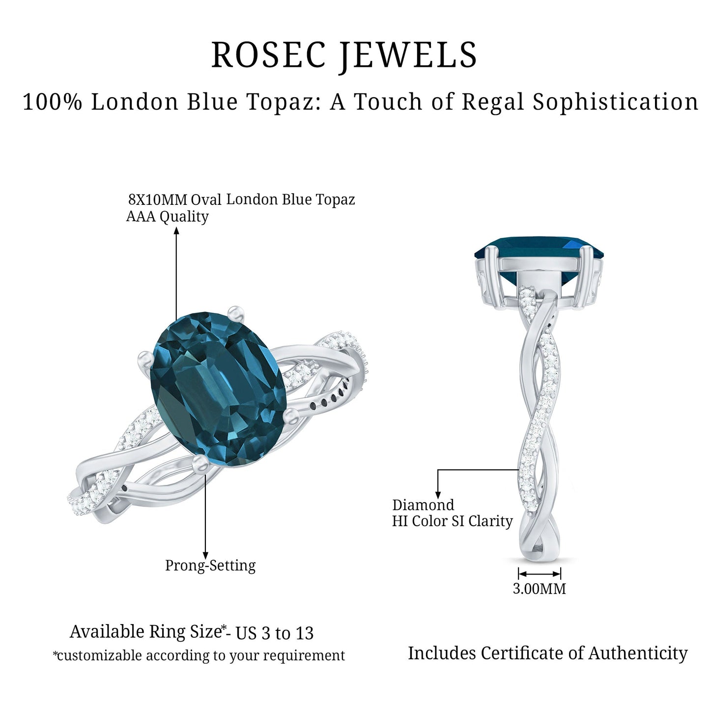 8x10mm Oval Cut London Blue Topaz Oblong Engagement Ring with Diamond