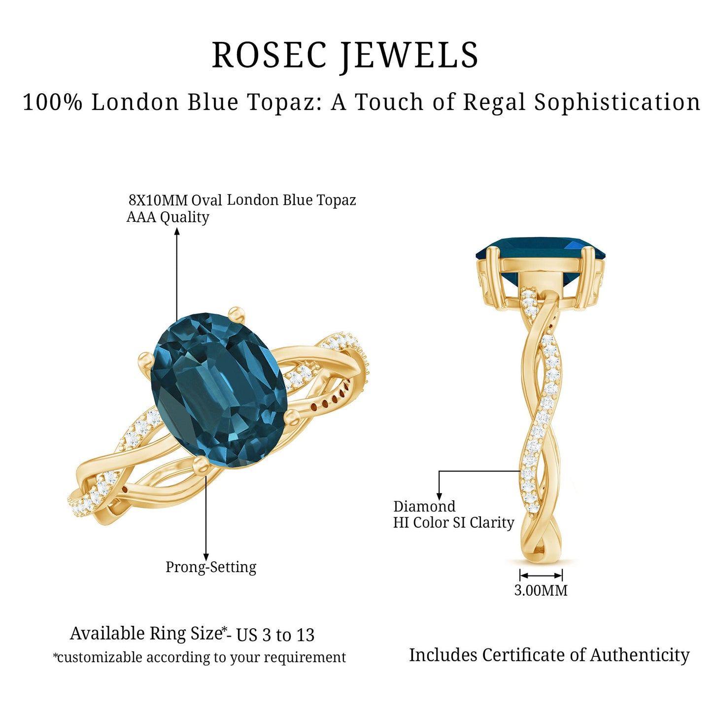 8x10mm Oval Cut London Blue Topaz Oblong Engagement Ring with Diamond