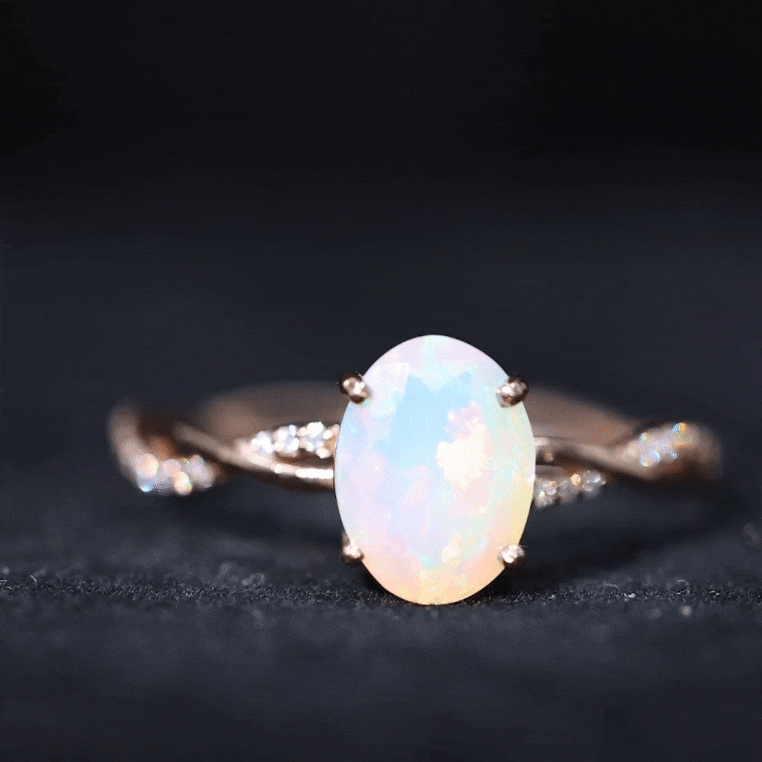 Real 8X10mm Ethiopian Rainbow Opal Engagement Ring with Diamond Braided Shank