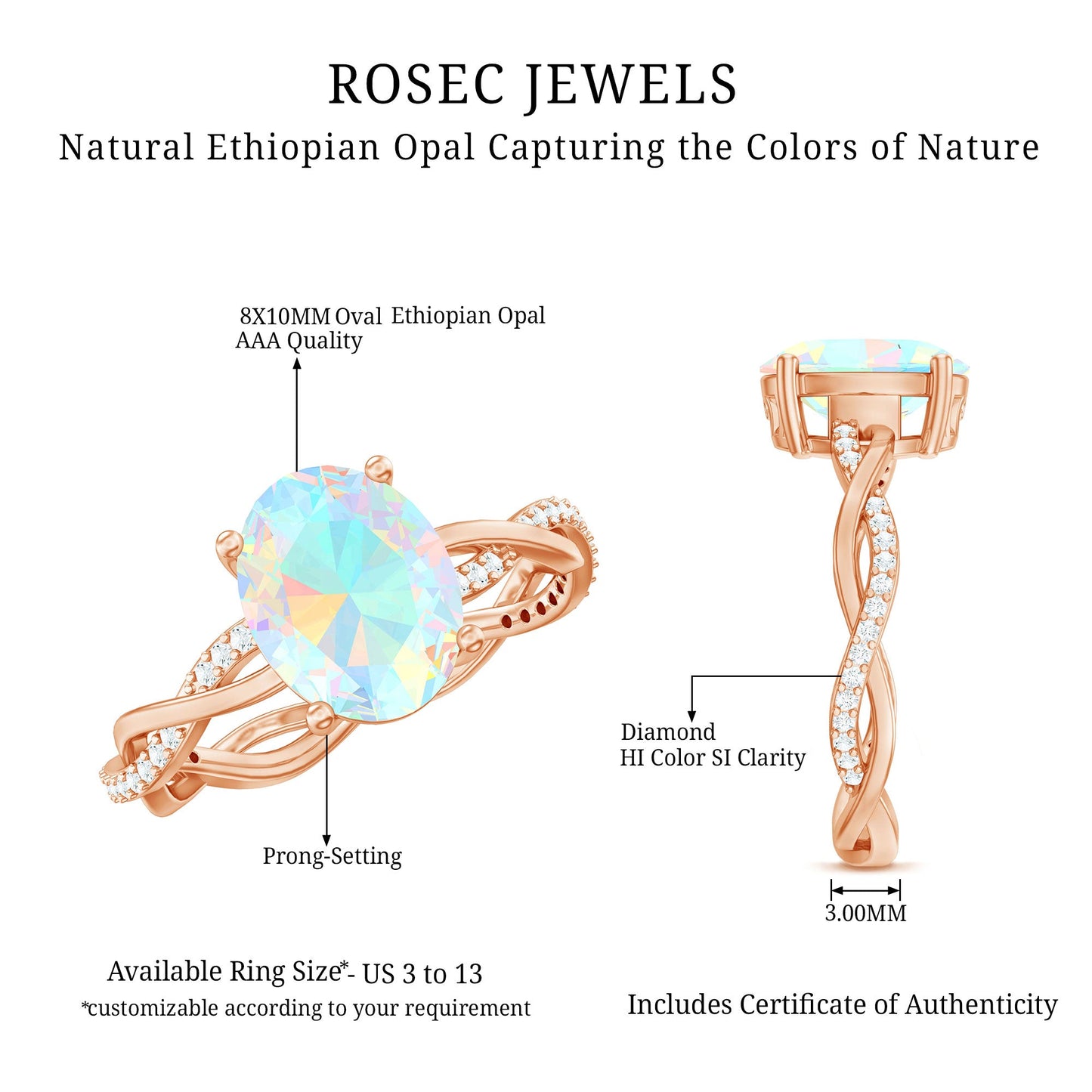 Real 8X10mm Ethiopian Rainbow Opal Engagement Ring with Diamond Braided Shank