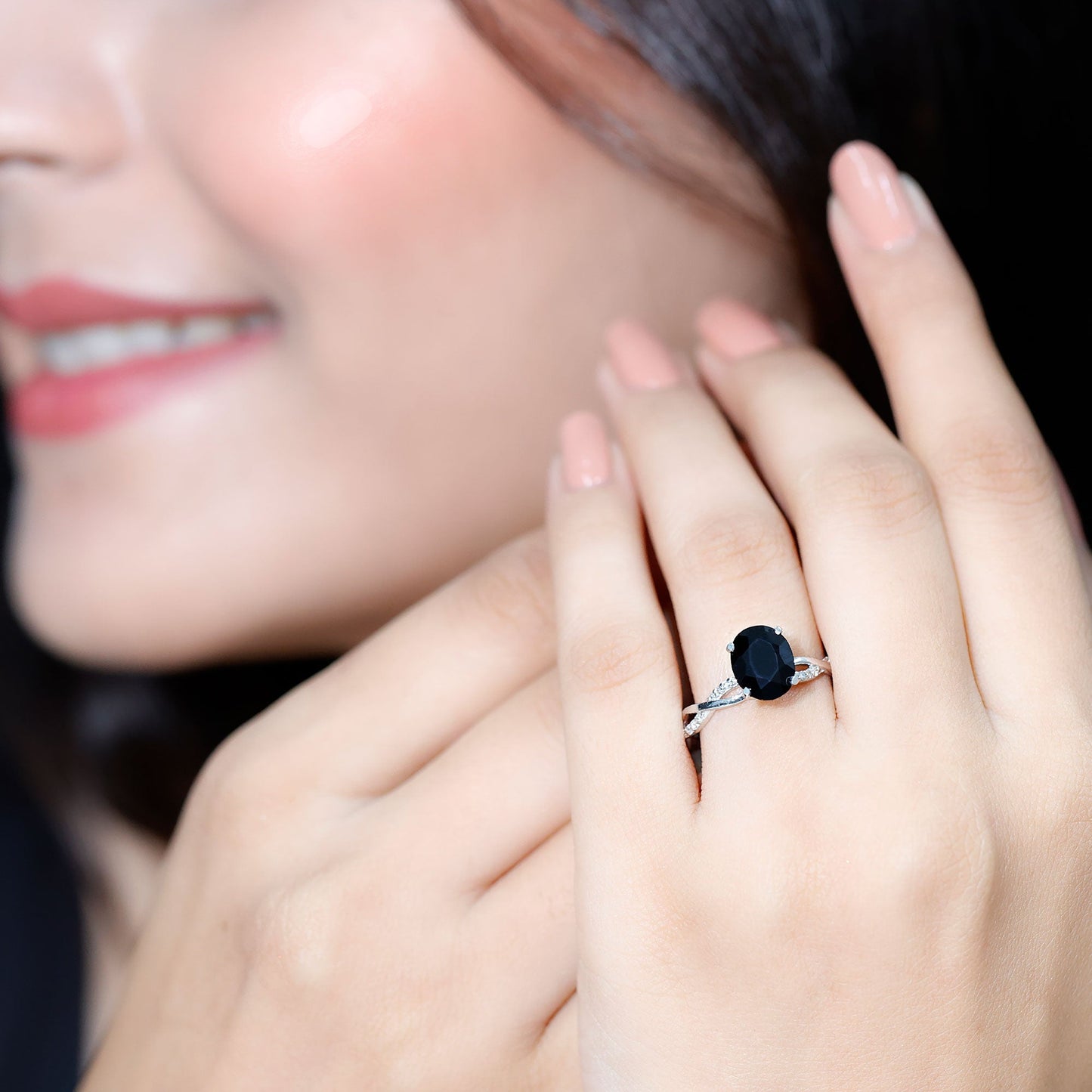 Oval Shaped 7X9MM Black Onyx and Diamond Braided Engagement Ring