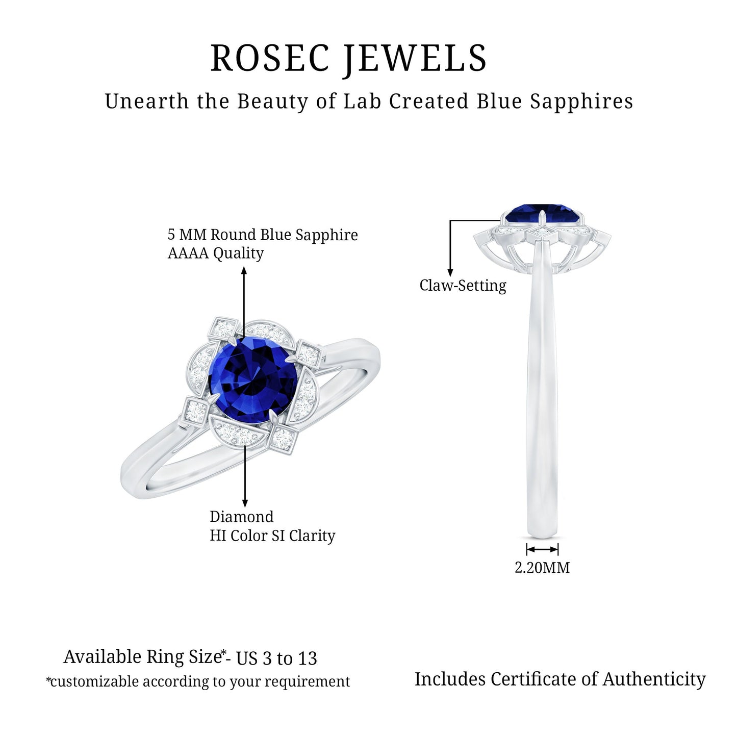 Vintage Style 0.6 Carat Lab Grown Blue Sapphire Engagement Ring with Diamond