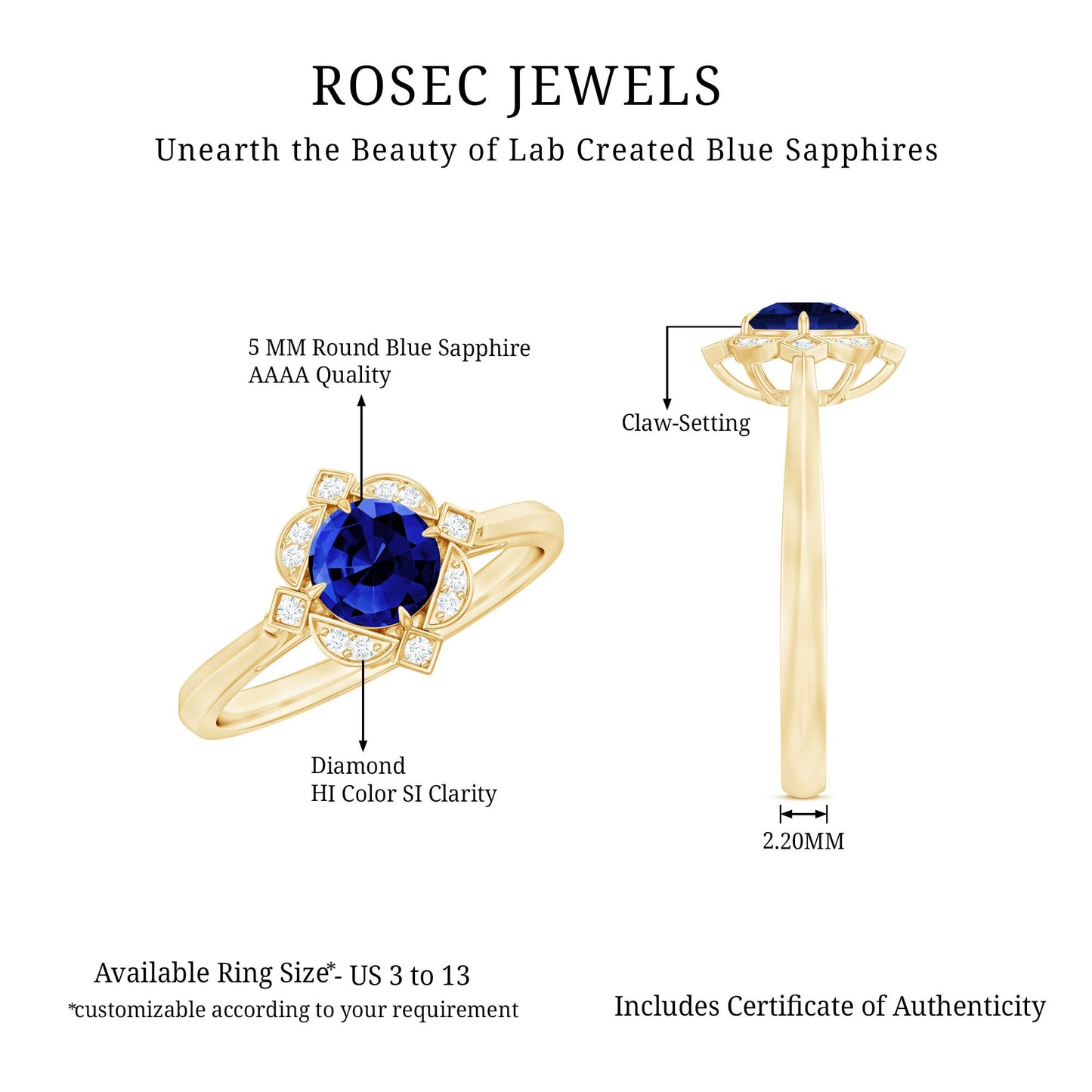 Vintage Style 0.6 Carat Lab Grown Blue Sapphire Engagement Ring with Diamond