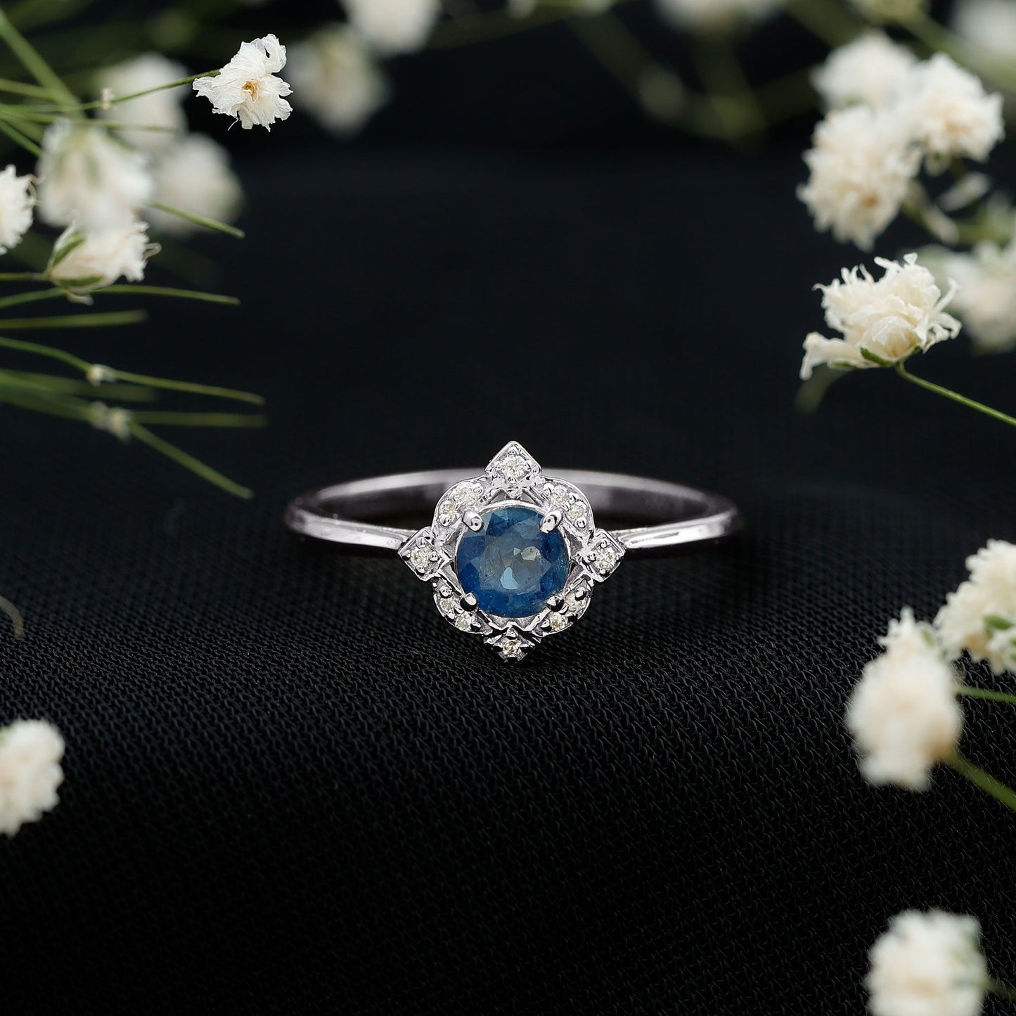 1 CT Vintage Blue Sapphire and Diamond Engagement Ring