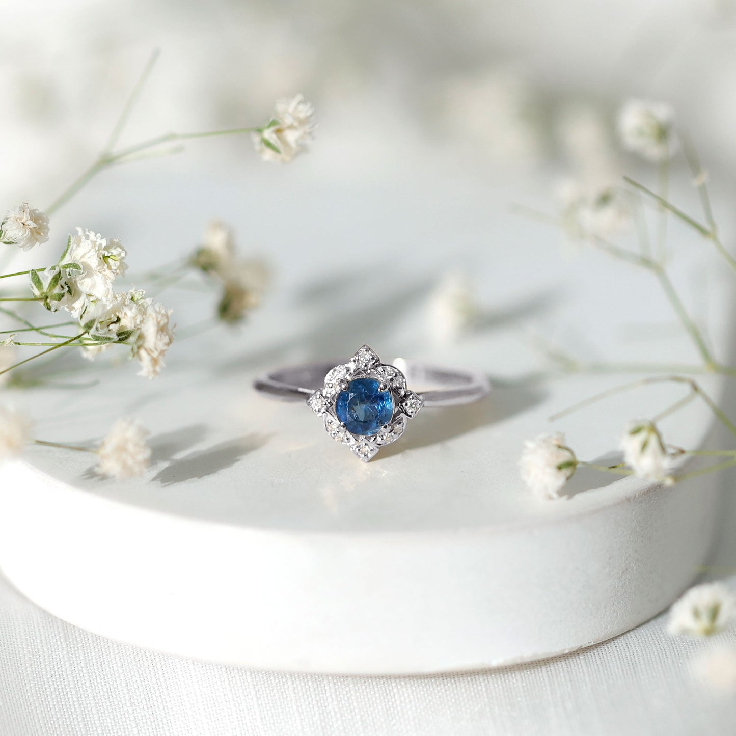 1 CT Vintage Blue Sapphire and Diamond Engagement Ring