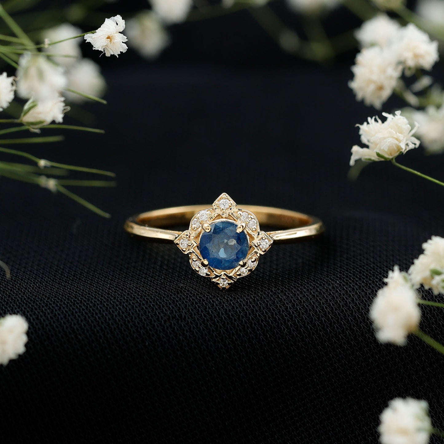1 CT Vintage Blue Sapphire and Diamond Engagement Ring
