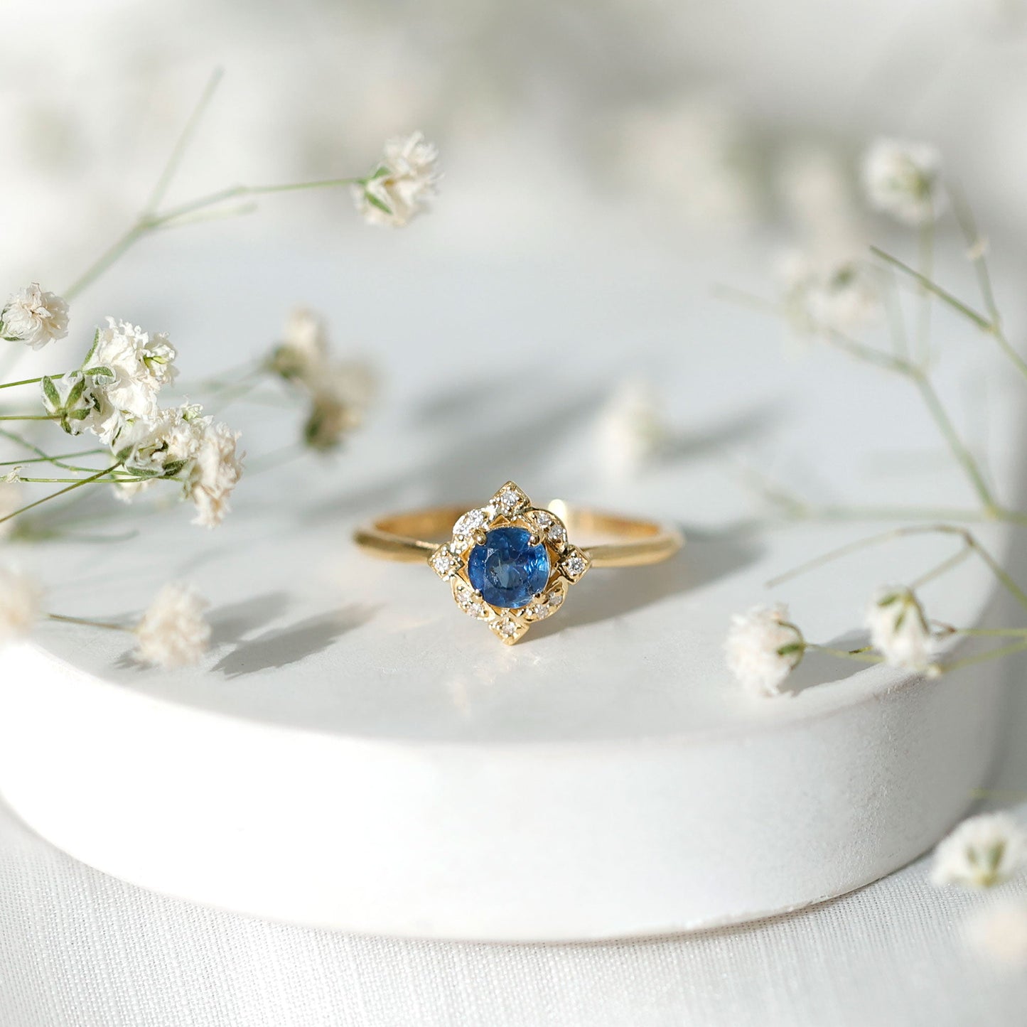 1 CT Vintage Blue Sapphire and Diamond Engagement Ring