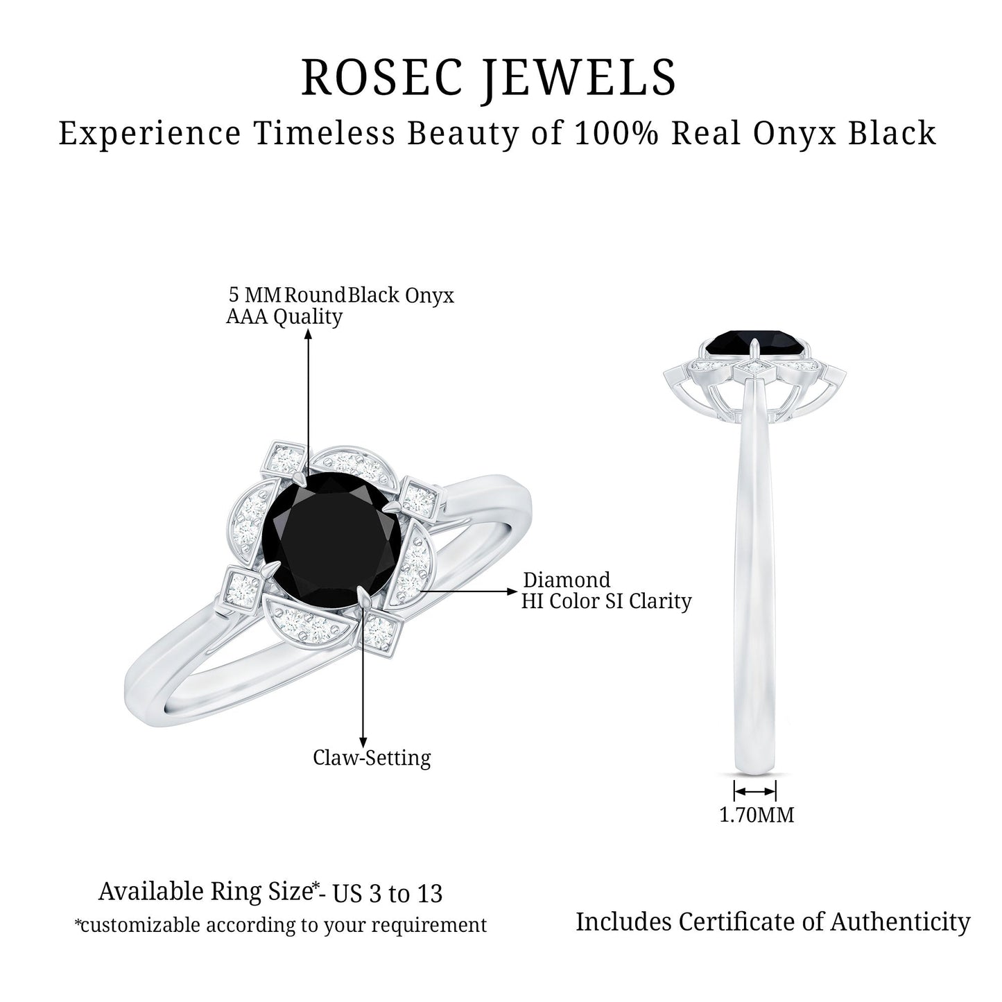 Round Cut Black Onyx and Diamond Flower Engagement Ring