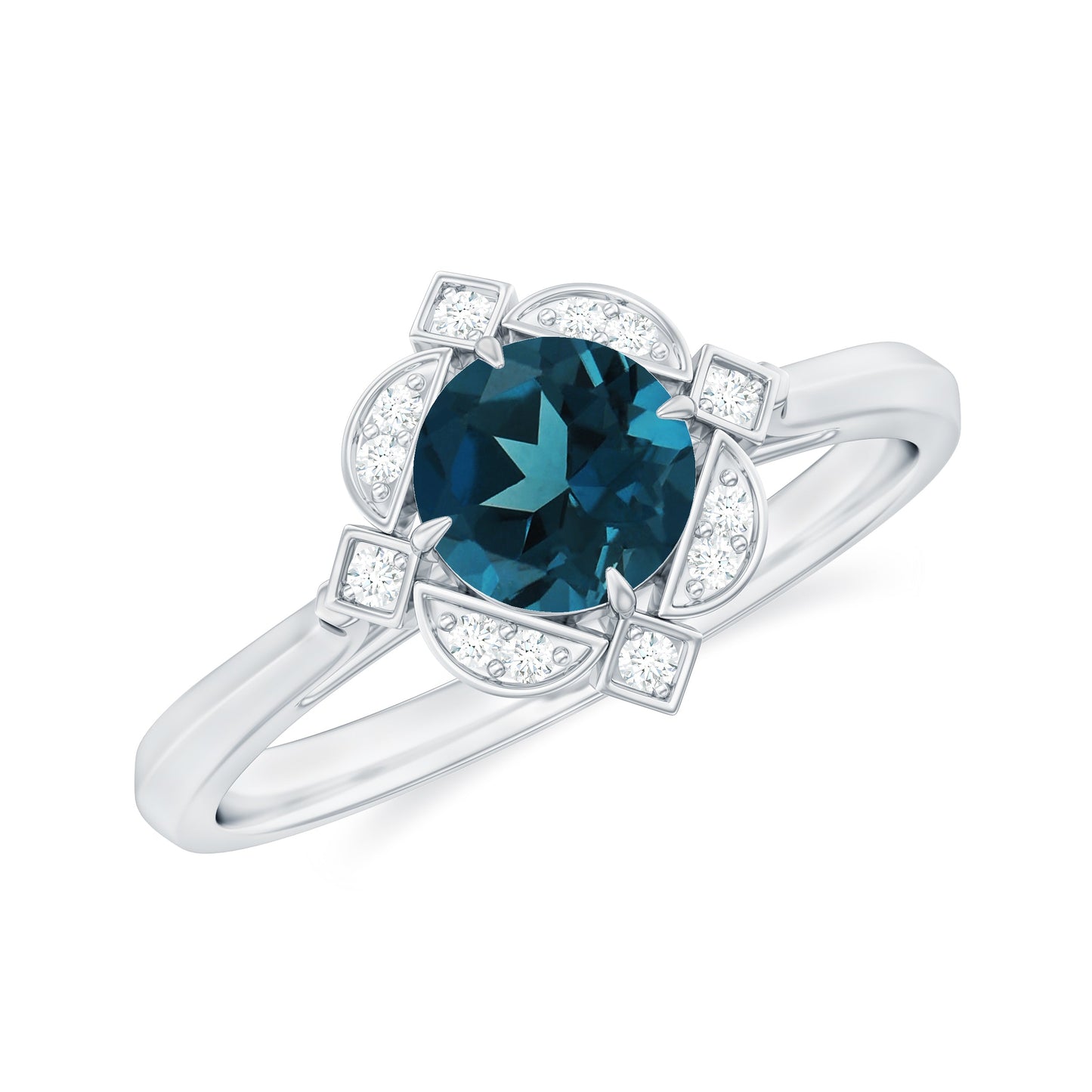 Round Cut London Blue Topaz and Diamond Flower Engagement Ring