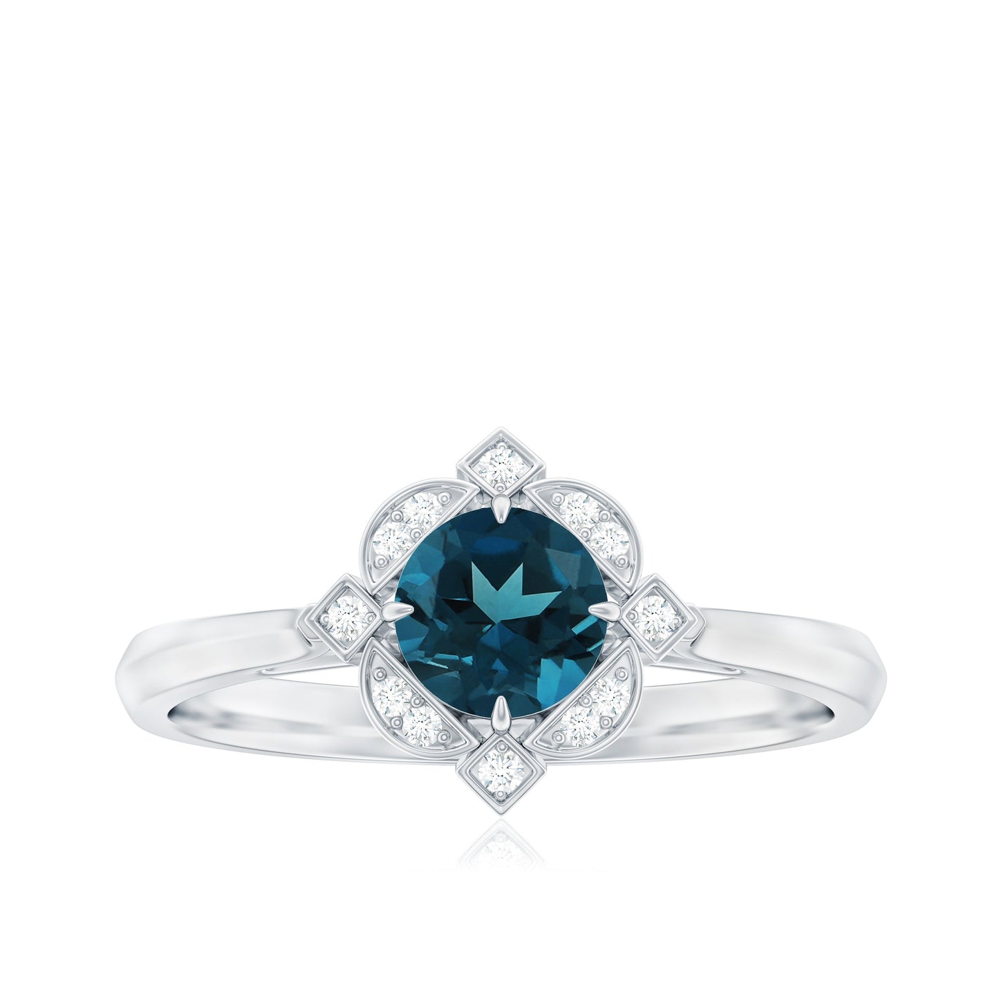 Round Cut London Blue Topaz and Diamond Flower Engagement Ring