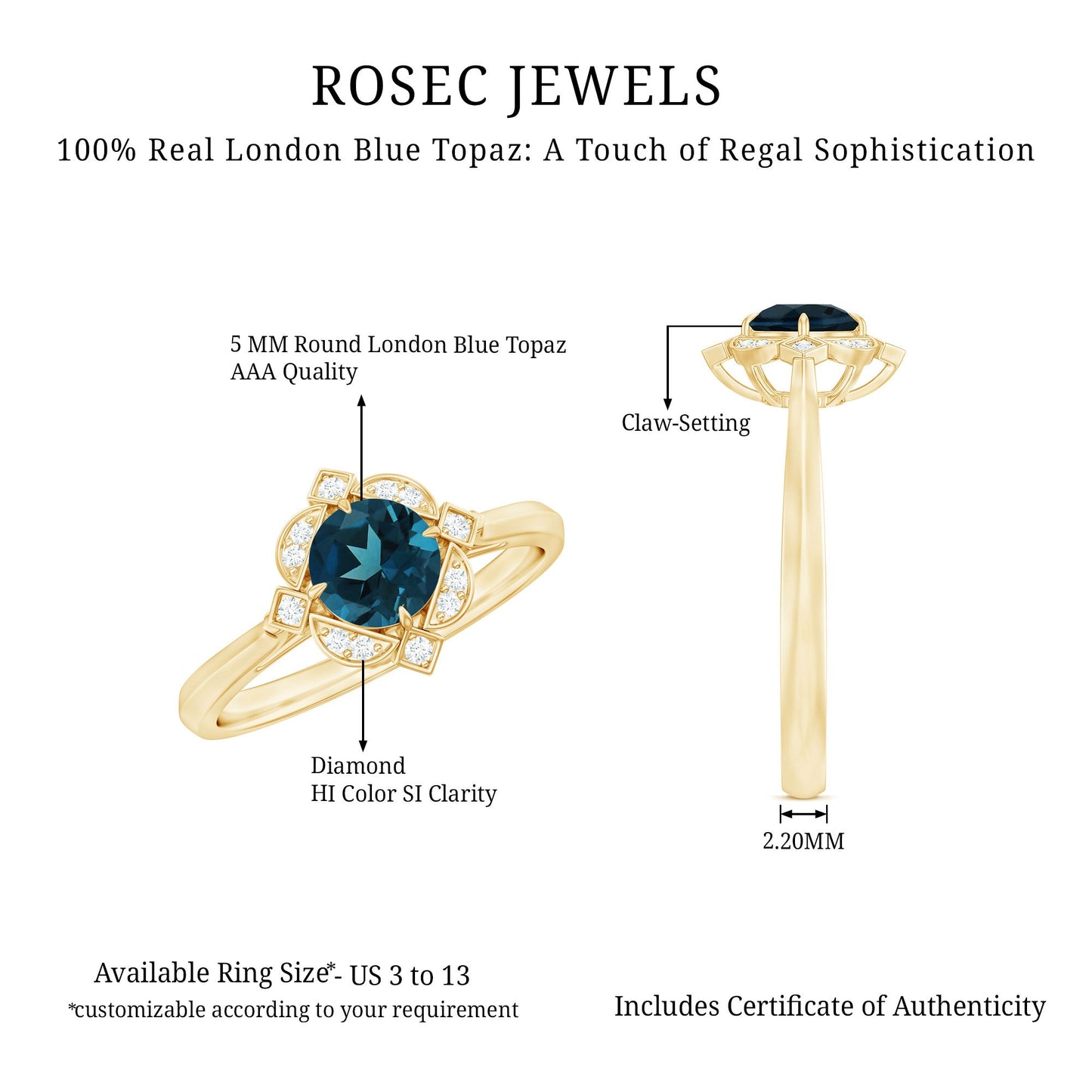 Round Cut London Blue Topaz and Diamond Flower Engagement Ring