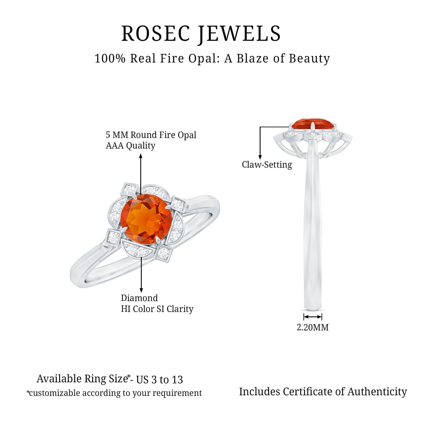1/2 CT Vintage Fire Opal and Diamond Engagement Ring