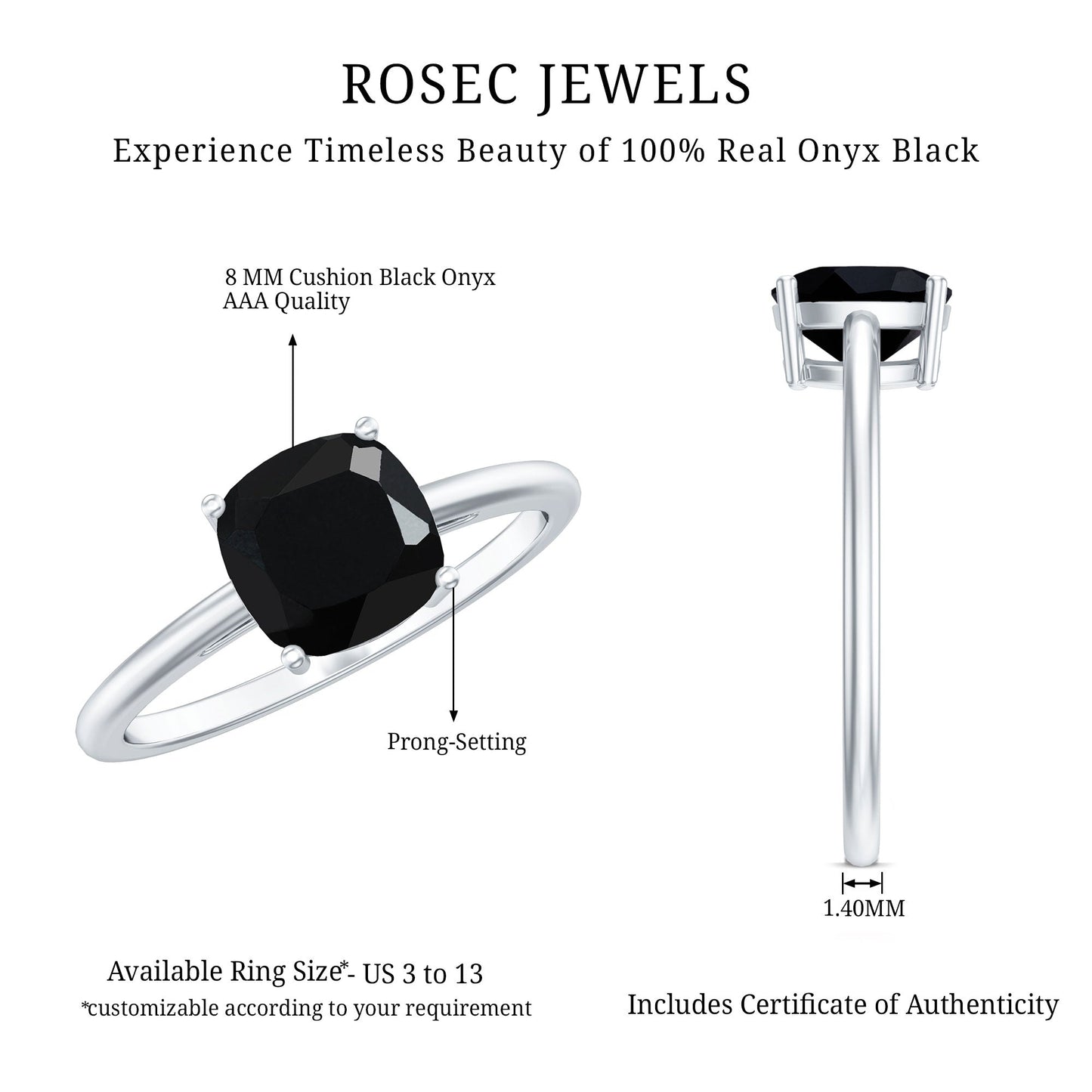 Certified Black Onyx 8MM Cushion Cut Engagement Ring