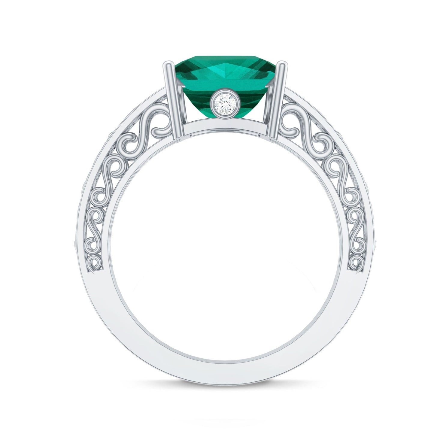 Certified 8 mm Princess Cut Lab Grown Emerald Filigree Engagement Ring