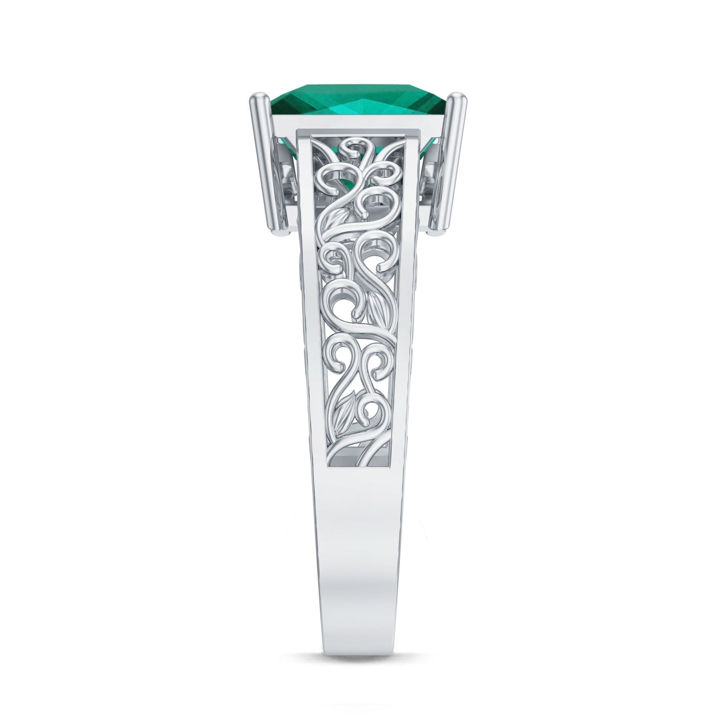 Certified 8 mm Princess Cut Lab Grown Emerald Filigree Engagement Ring