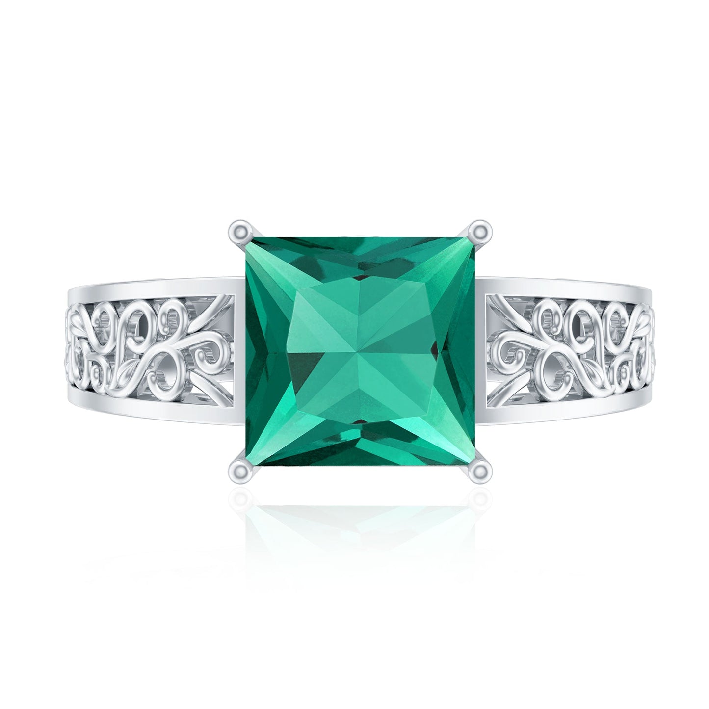 Certified 8 mm Princess Cut Lab Grown Emerald Filigree Engagement Ring