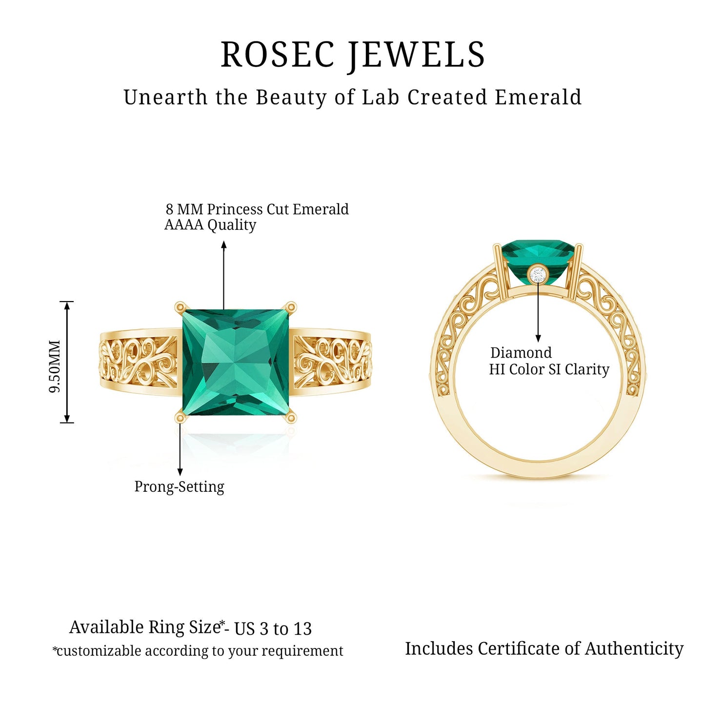 Certified 8 mm Princess Cut Lab Grown Emerald Filigree Engagement Ring