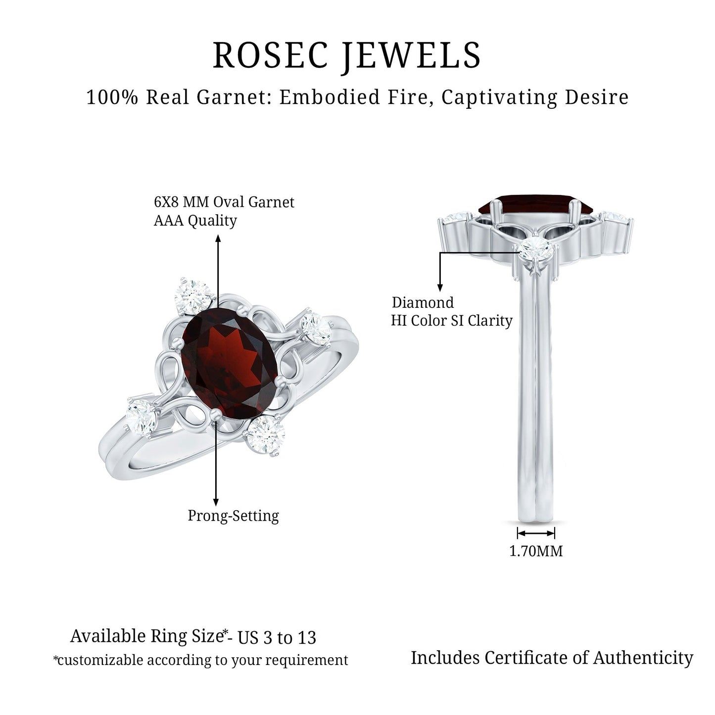 Vintage looking 6X8mm Oval Garnet Engagement Ring with Diamond