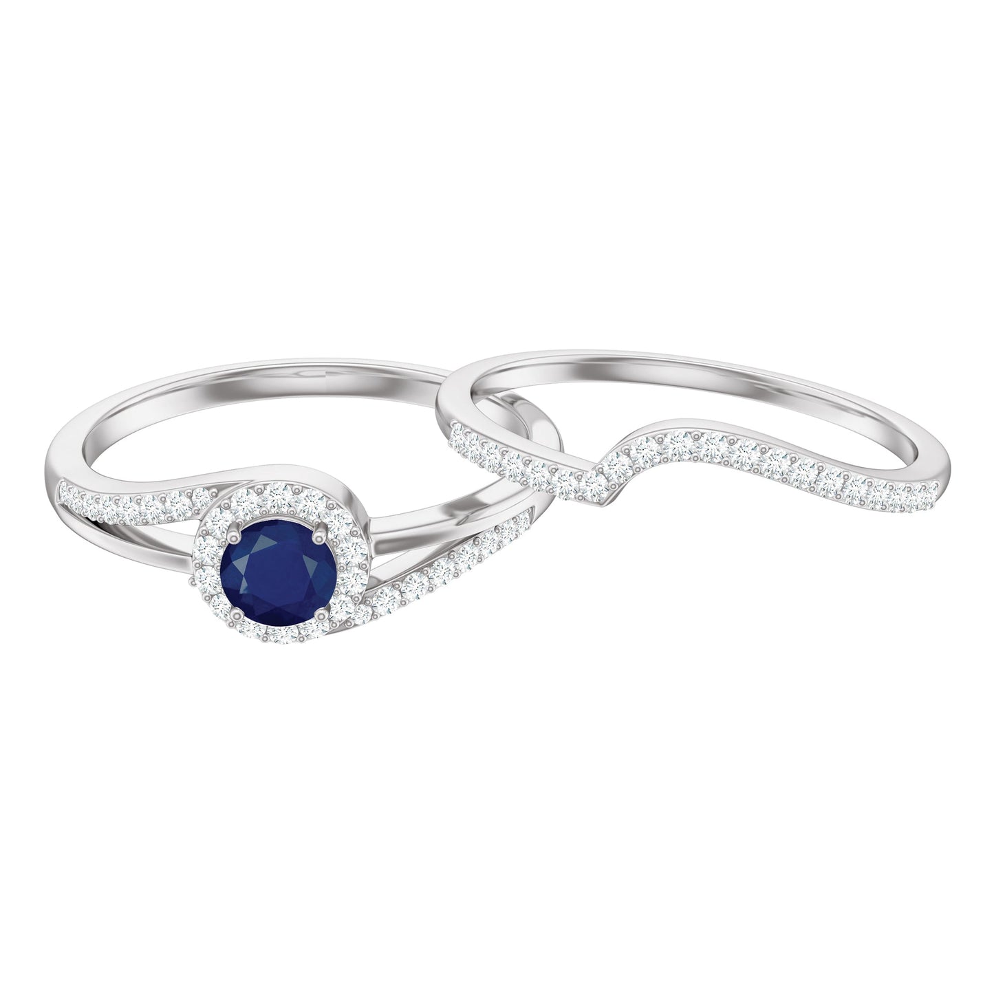 1 CT Bypass Blue Sapphire and Diamond Wedding Ring Set