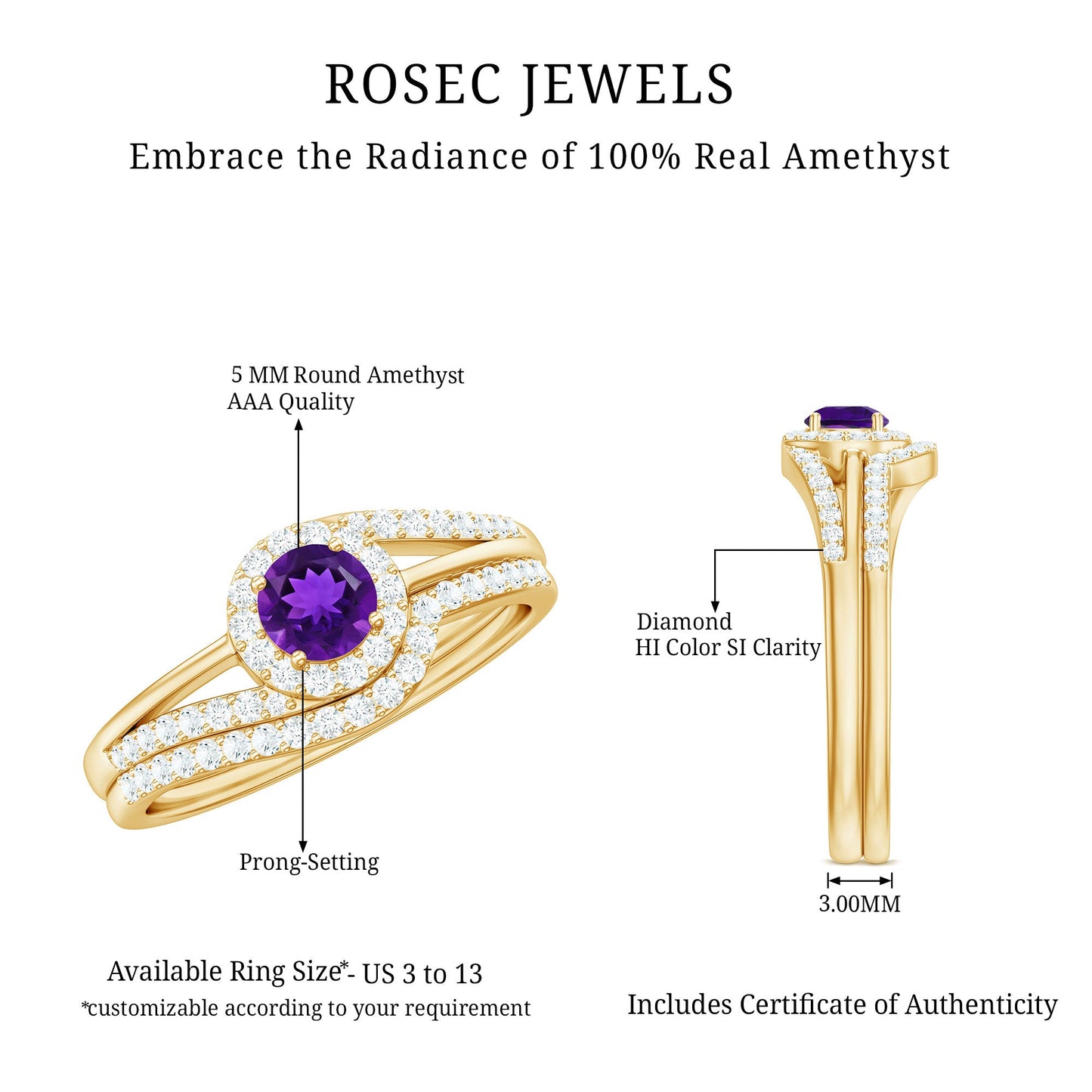 Natural Amethyst and Diamond Minimal Bridal Ring Set