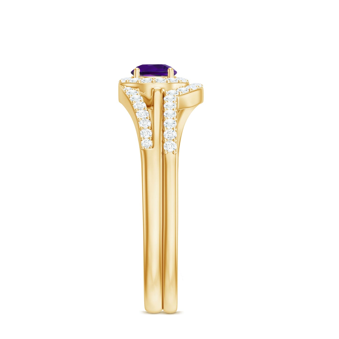 Natural Amethyst and Diamond Minimal Bridal Ring Set