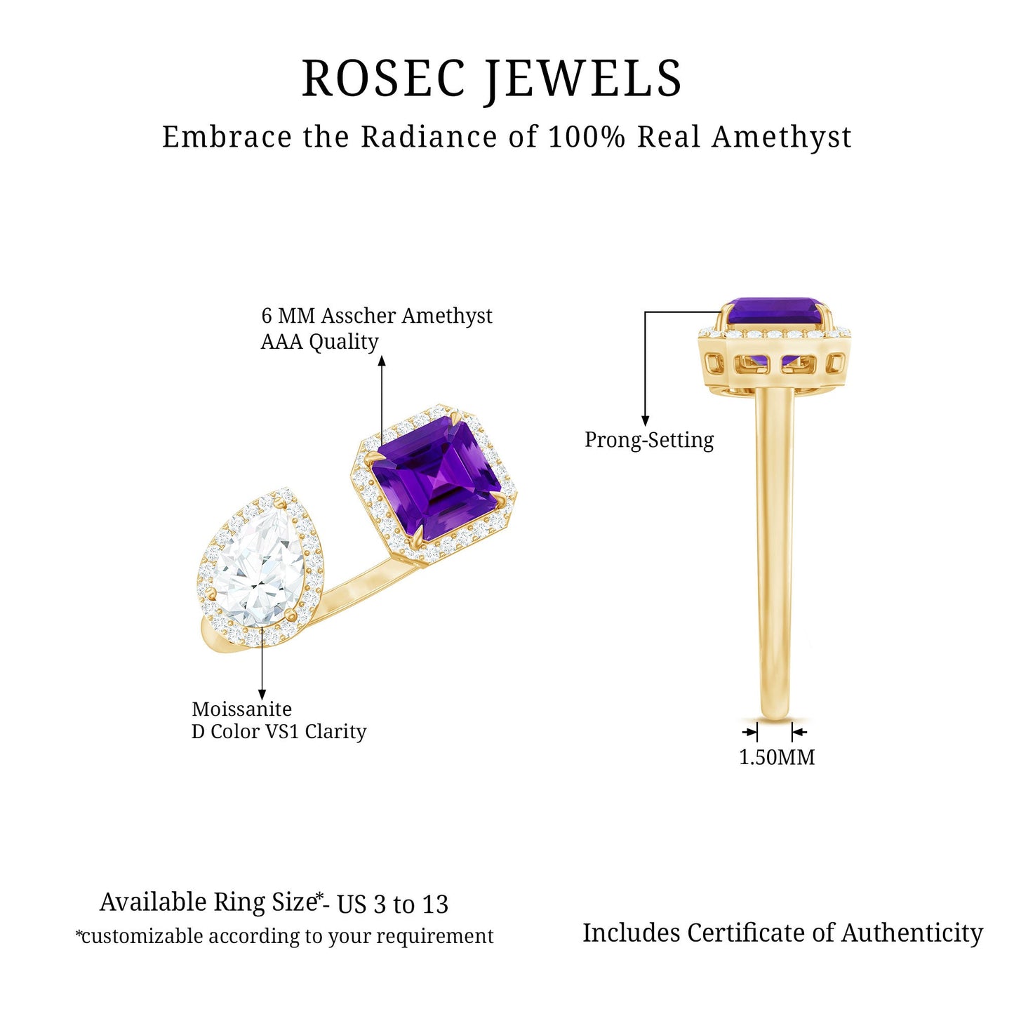 Amethyst and Moissanite Two Stone Cuff Ring