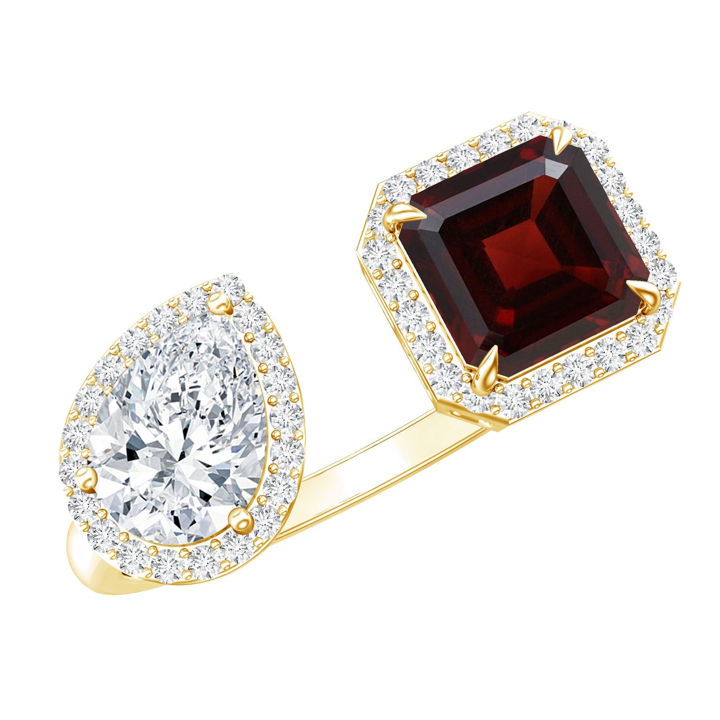 Natural Garnet Toi Et Moi Engagement Ring with Moissanite in 14K Yellow Gold Plated Silver