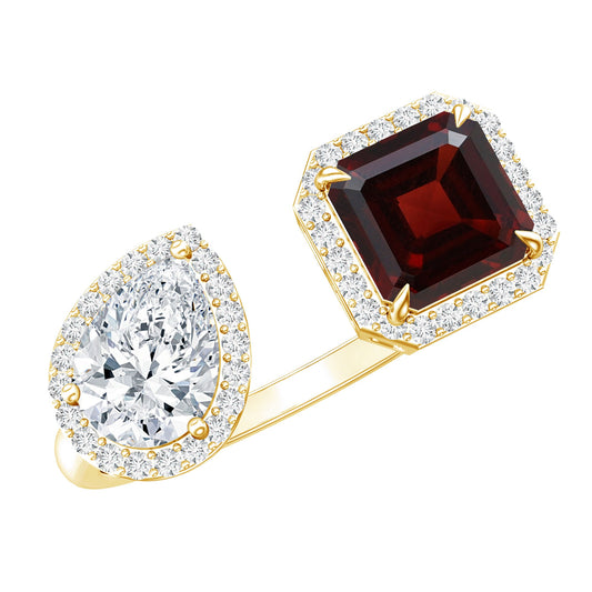 Natural Garnet Toi Et Moi Engagement Ring with Moissanite in 14K Yellow Gold Plated Silver