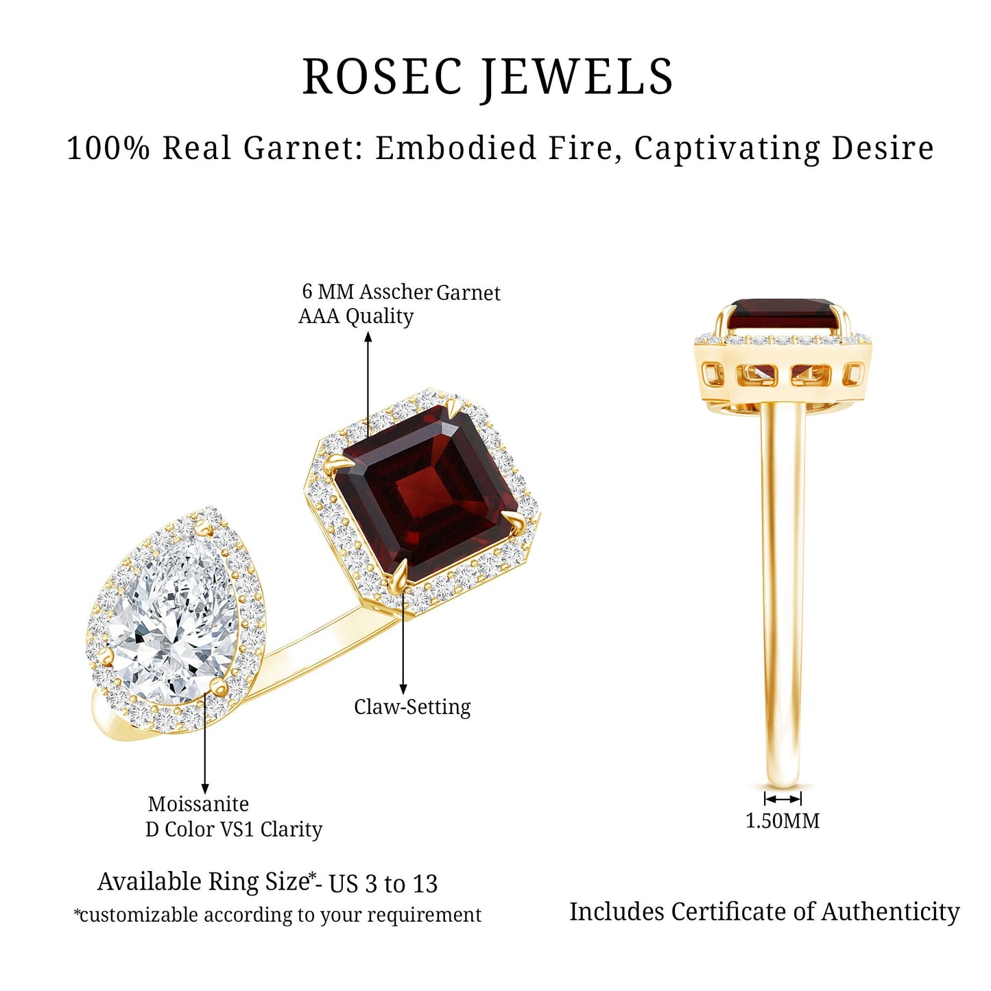 Natural Garnet Toi Et Moi Engagement Ring with Moissanite in 14K Yellow Gold Plated Silver