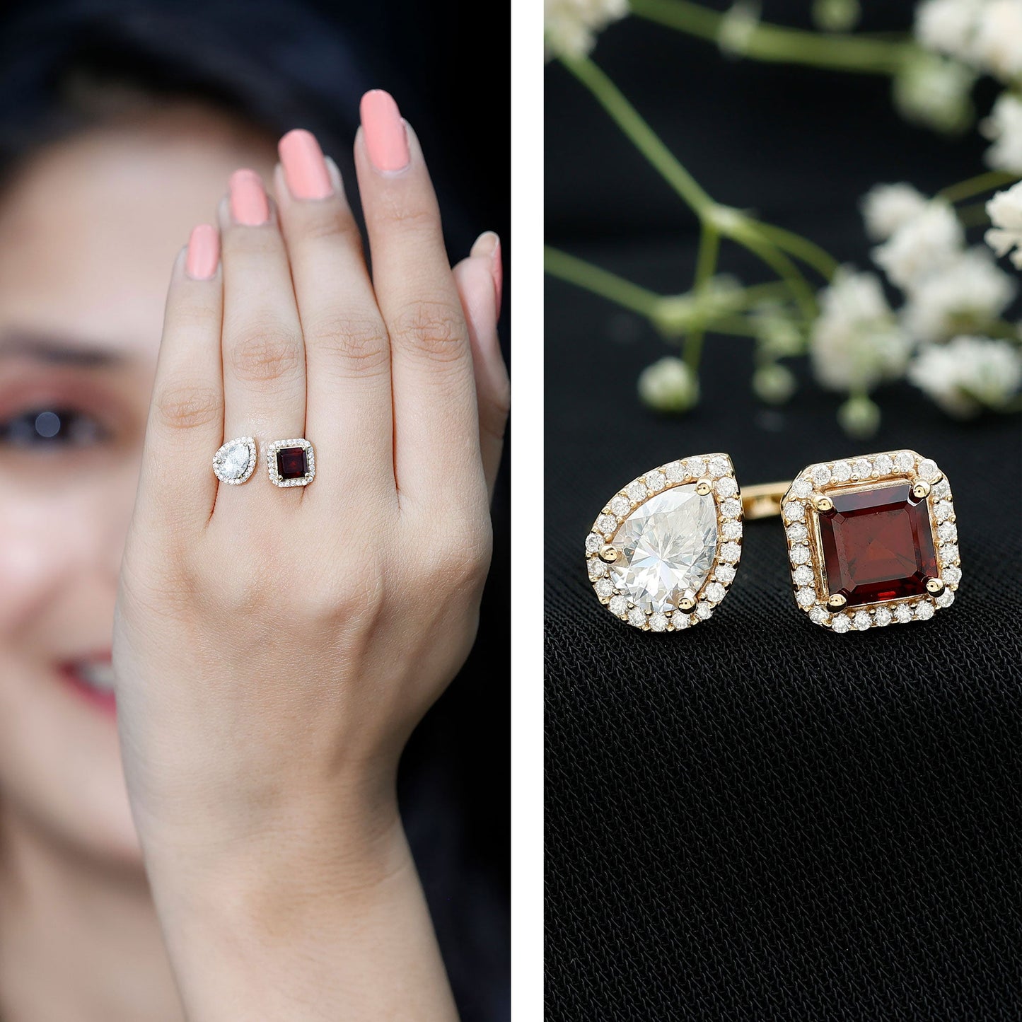 Natural Garnet Toi Et Moi Engagement Ring with Moissanite in 14K Yellow Gold Plated Silver
