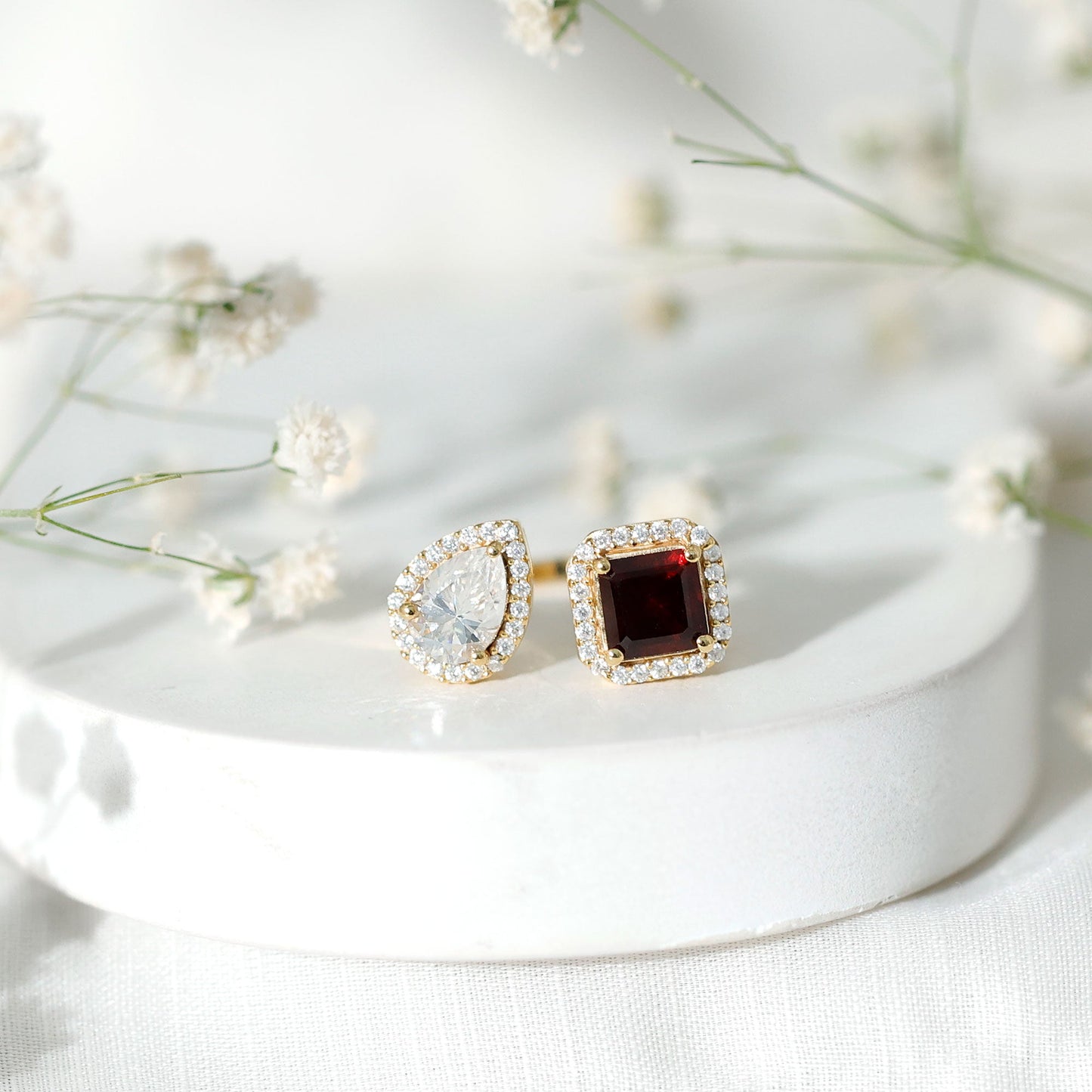 Natural Garnet Toi Et Moi Engagement Ring with Moissanite in 14K Yellow Gold Plated Silver