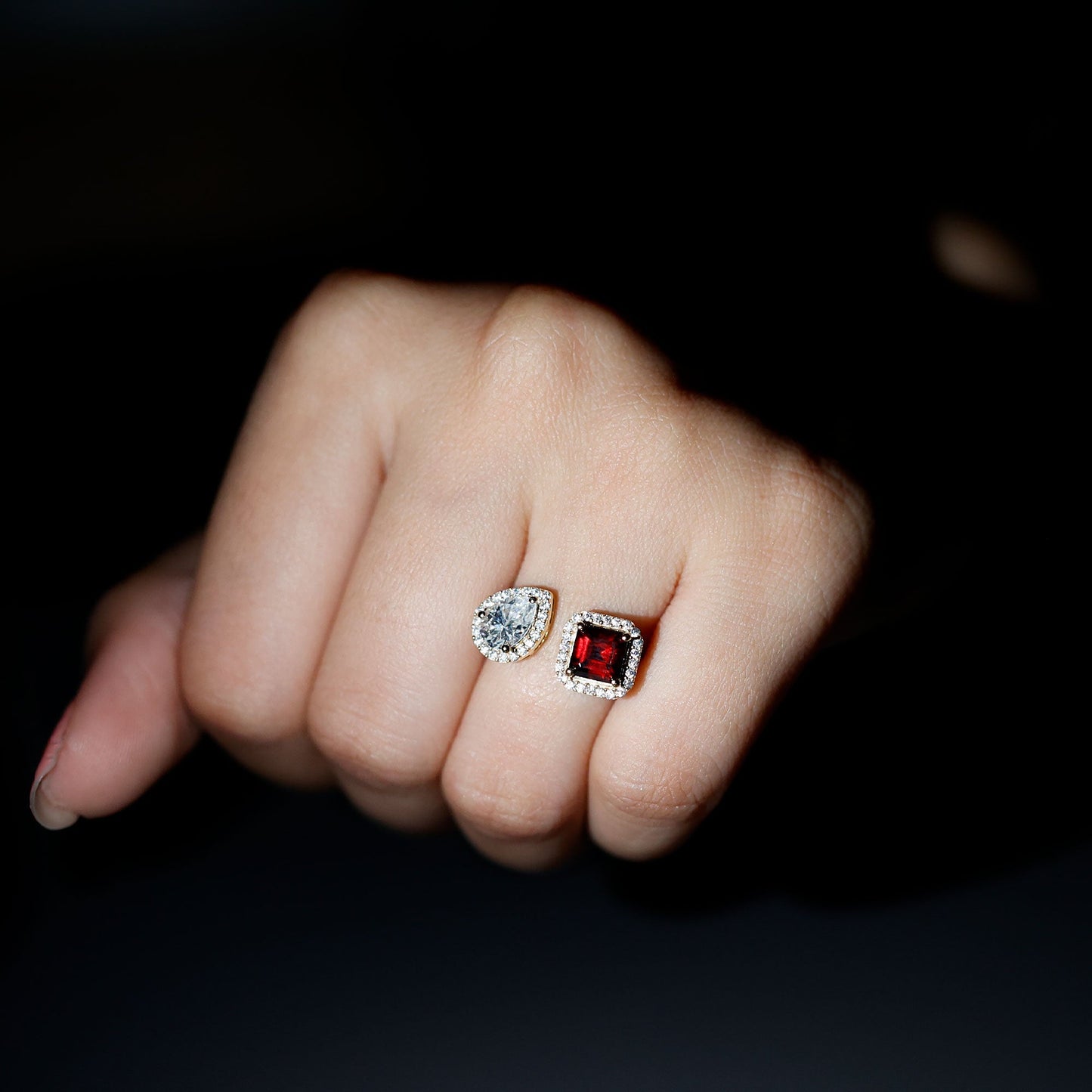 Natural Garnet Toi Et Moi Engagement Ring with Moissanite in 14K Yellow Gold Plated Silver