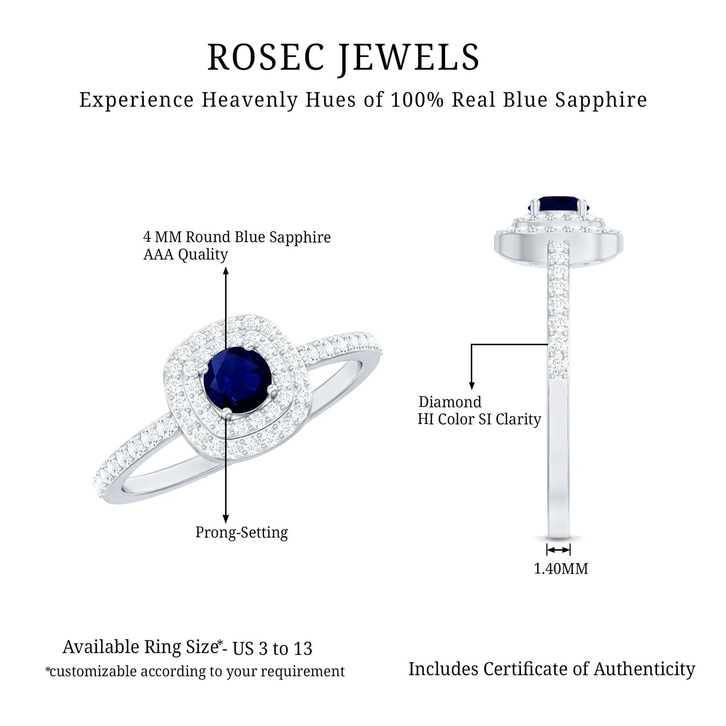 3/4 CT Classic Blue Sapphire Double Halo Engagement Ring with Diamond