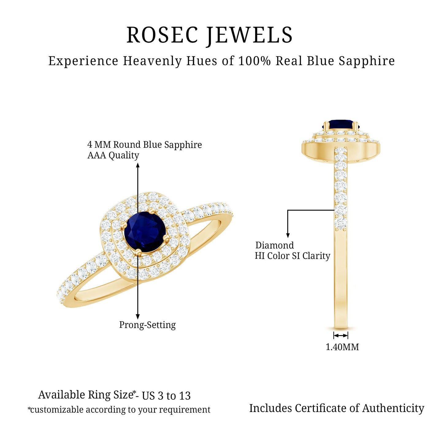 3/4 CT Classic Blue Sapphire Double Halo Engagement Ring with Diamond