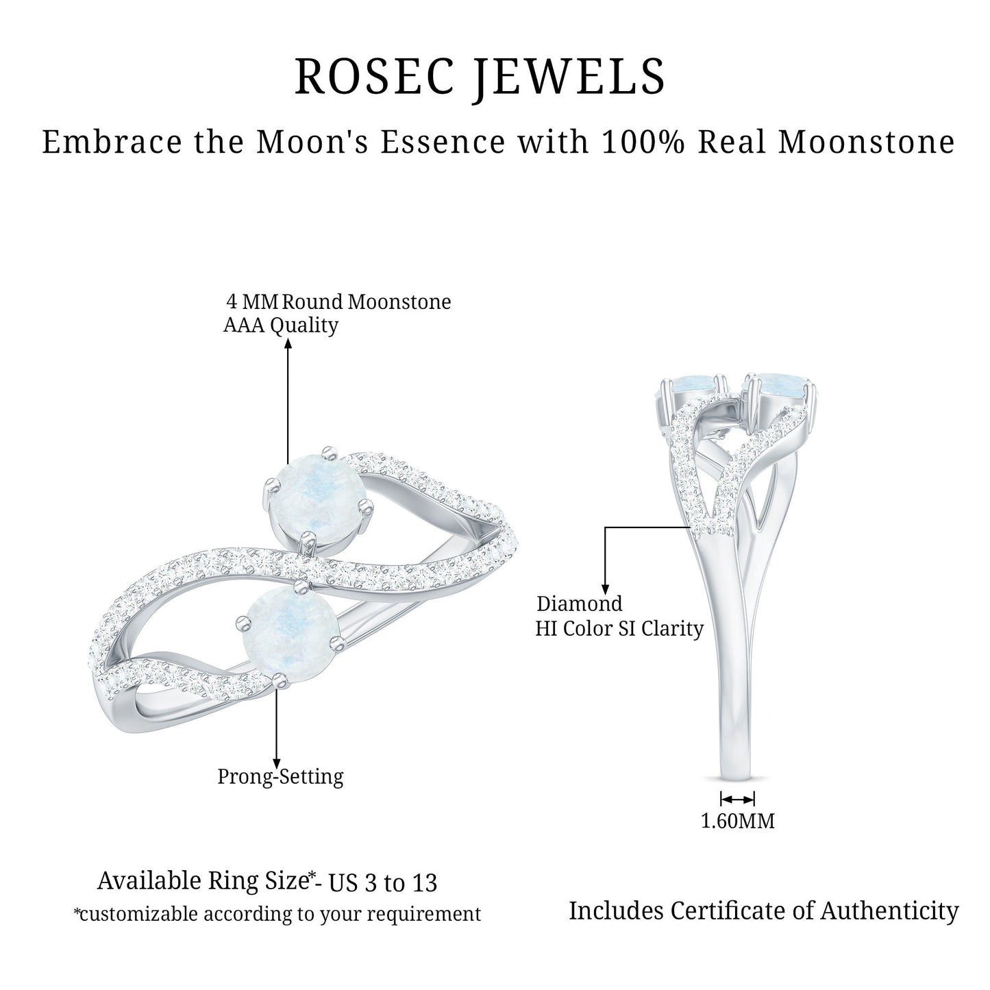 1 CT Minimal Moonstone and Diamond Engagement Ring
